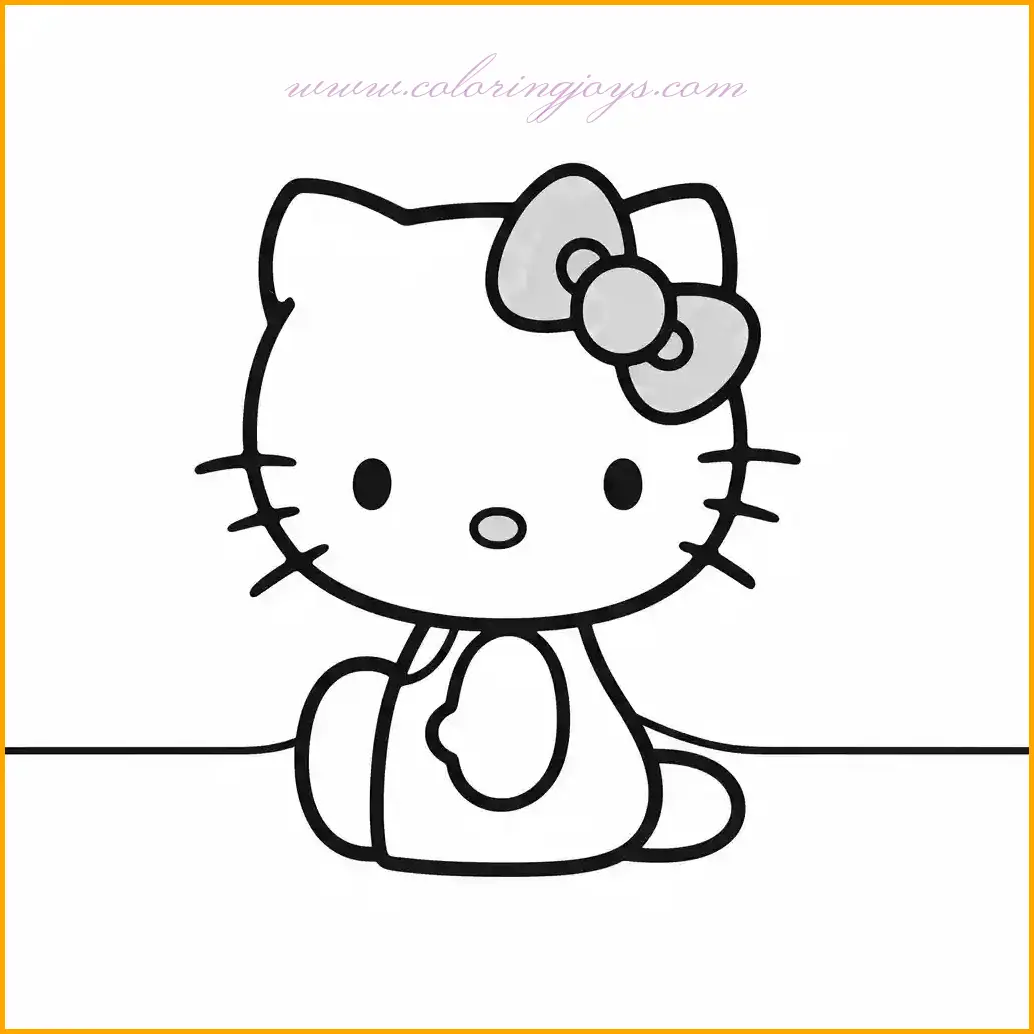 This simple yet elegant coloring page features Hello Kitty sitting gracefully with her iconic bow on her head. Highlight her bow with vibrant pink or red tones and color her outfit with soft, complementary shades like pastel blue or lavender. For the background, add details such as a soft carpet, a scenic garden, or a playful pattern. This printable Hello Kitty coloring page offers a relaxing and creative experience for fans of all ages who love Hello Kitty's timeless charm.