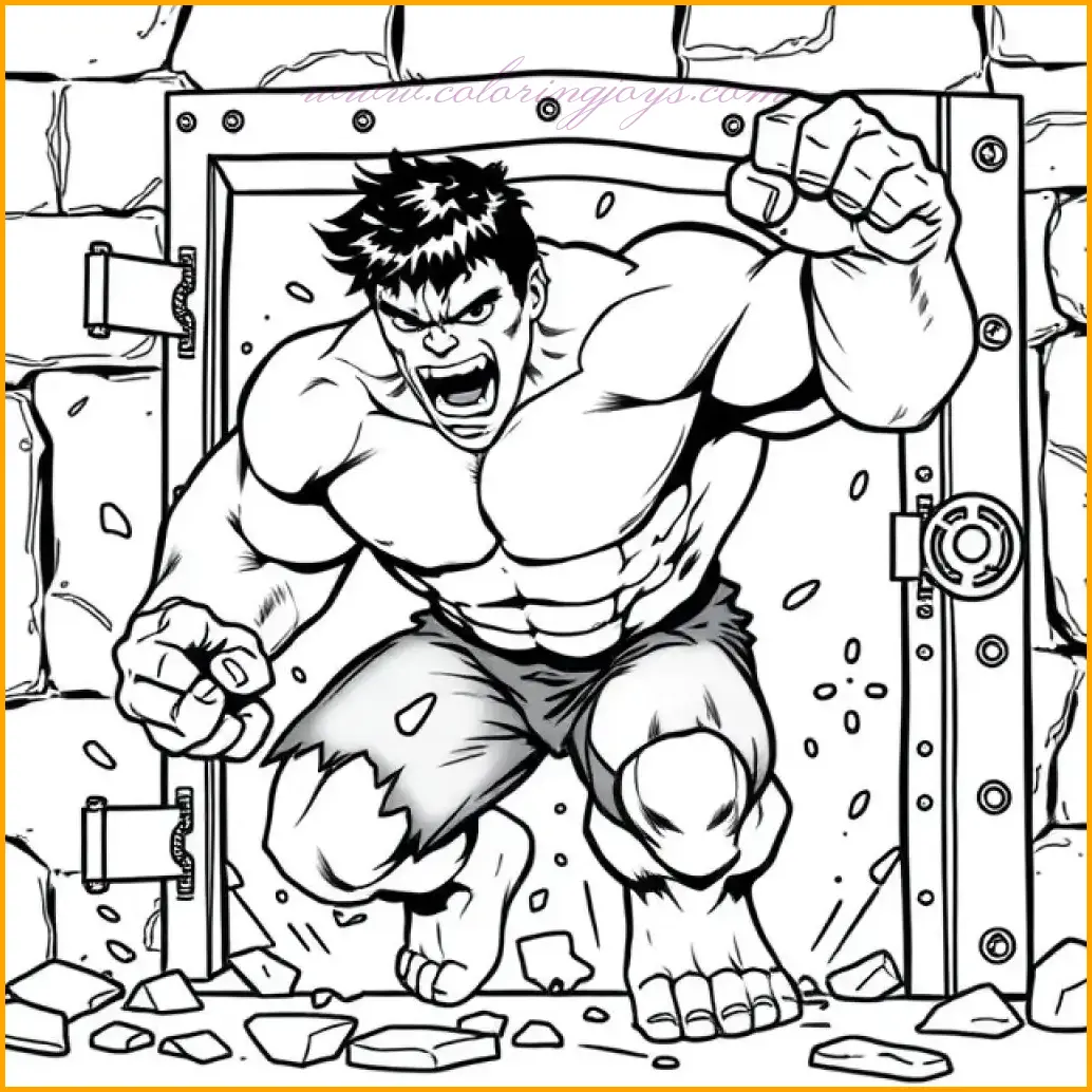 Hulk’s unstoppable power is on full display in this dynamic coloring page as he crashes through a thick steel door. The flying shards of metal and Hulk’s fierce expression add drama to the scene. Use vibrant green for Hulk’s iconic skin and classic purple for his pants. The steel fragments can be detailed in metallic grey and silver, with bright sparks to highlight the action. A dark industrial background will amplify the dramatic effect, making this an exciting challenge for young artists.
