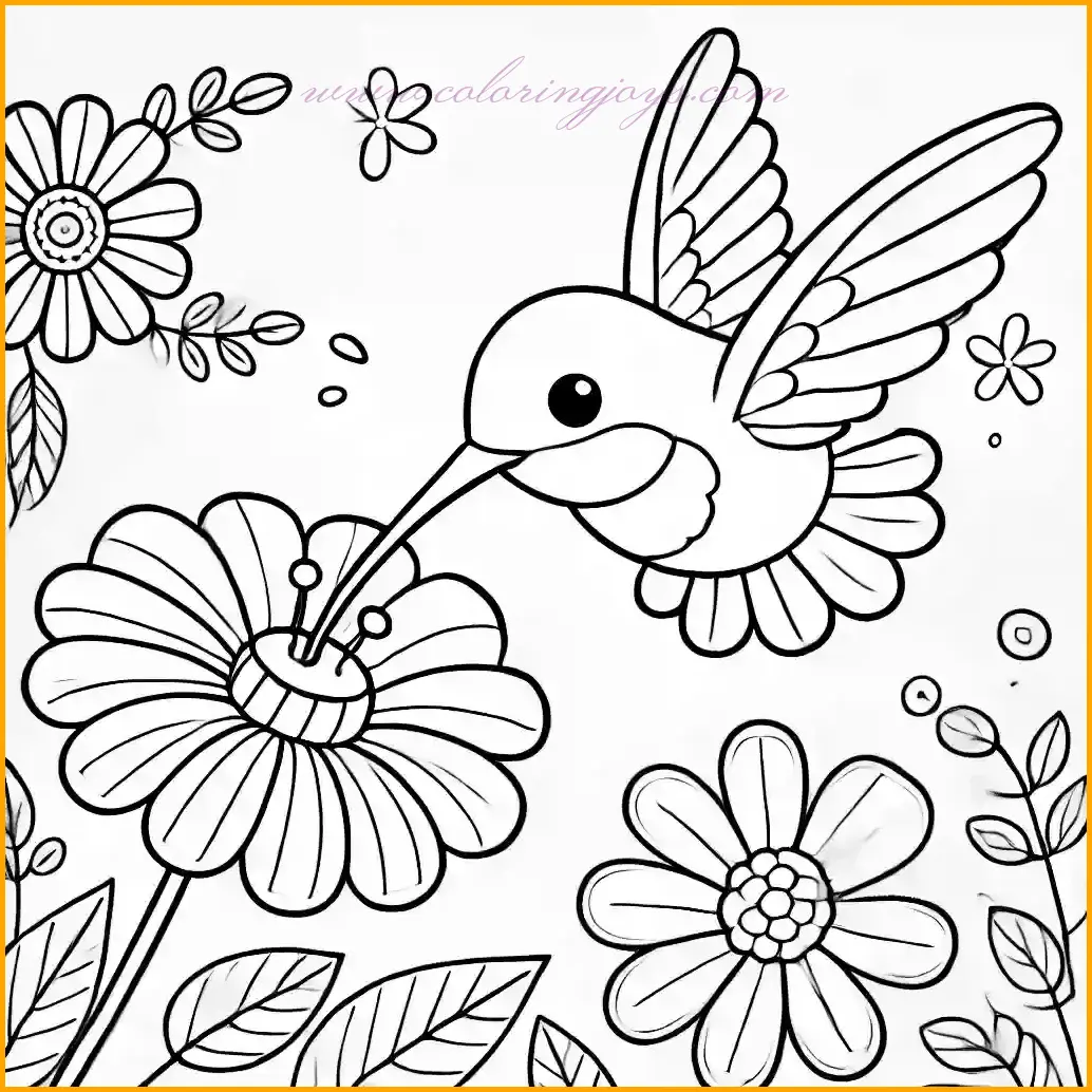 This playful outline drawing features a hummingbird gracefully hovering as it drinks nectar from a large, open flower. Its wings are spread wide, and the long beak is delicately reaching into the flower. Surrounding the scene are minimal flower and leaf outlines, adding a touch of nature while keeping the composition simple. With bold, clean lines and large open spaces, this image invites young artists to use vivid colors for the hummingbird and soft tones for the flower and leaves. Perfect for sparking creativity and bringing this delightful moment of nature to life.