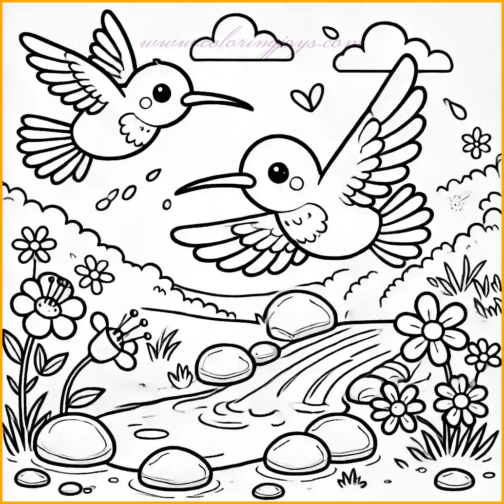 This serene outline drawing features a hummingbird flying gracefully near a small stream. The bird hovers with its wings spread wide, its beak pointed toward colorful flowers growing by the stream. The background includes flowing water, a few rocks, and simple plants, with a clear sky and a couple of small clouds adding charm to the scene. The bold, clean lines and spacious areas make this illustration ideal for children to color. Encourage young artists to use vibrant colors for the hummingbird, soft blues for the water, and earthy tones for the rocks and plants, creating a tranquil nature-themed masterpiece!