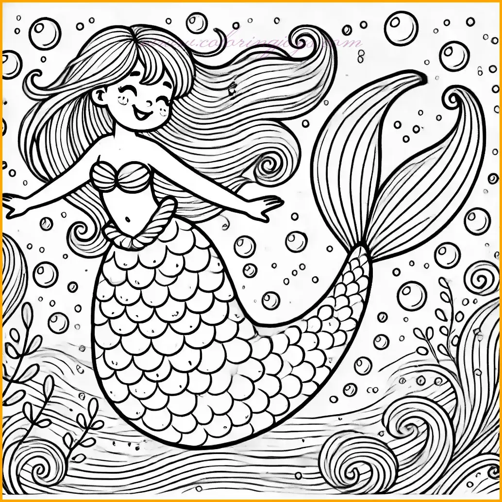 This delightful coloring page of a mermaid captures her joyfully spinning underwater, her tail forming a graceful swirl with large, easy-to-color scales. Her long, flowing hair moves gently with the water, adding to the playful scene. She is surrounded by small, playful bubbles, and the background of this coloring page of a mermaid features a few simple strands of seaweed. The bold outlines and spacious design make it ideal for children to fill with vibrant and cheerful colors, bringing this underwater moment to life!