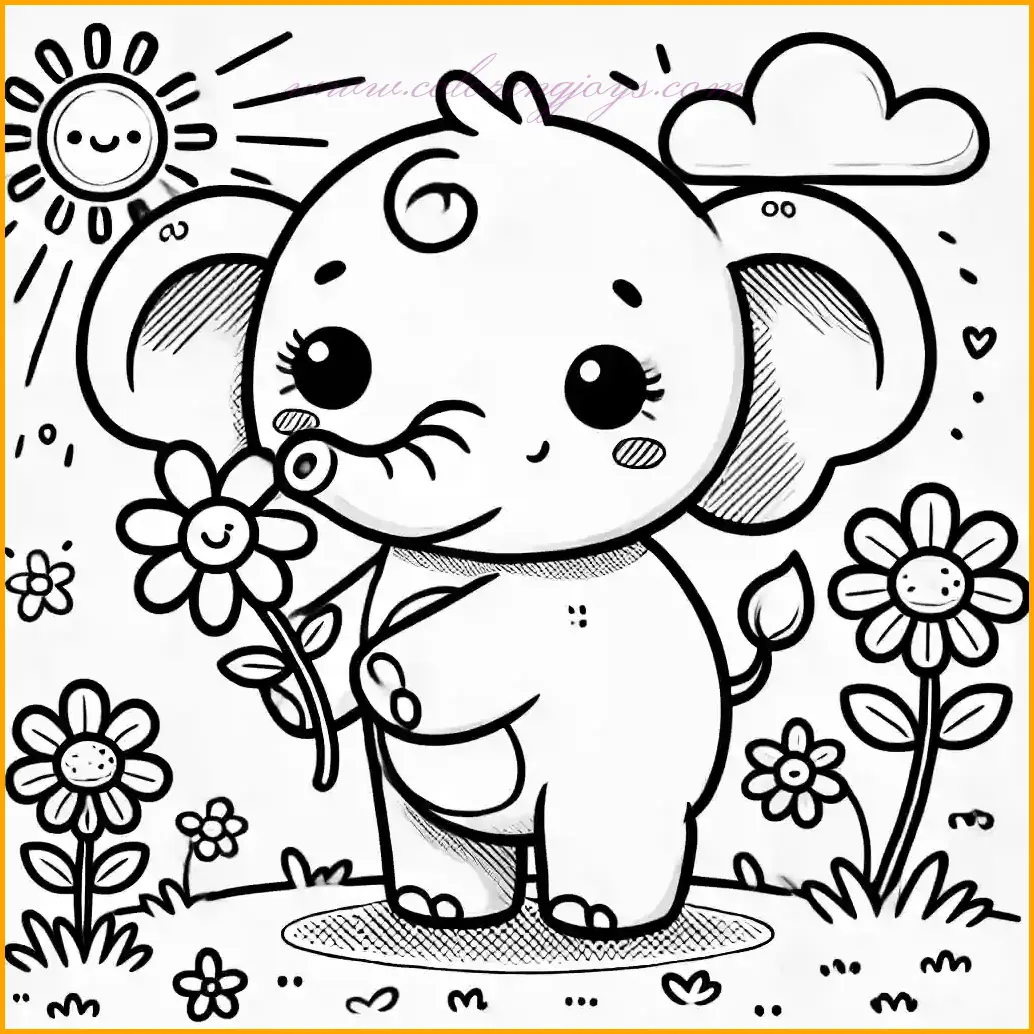 This charming kawaii-style coloring page features a cheerful elephant with big floppy ears, holding a flower gently with its trunk. The elephant stands on a grassy patch surrounded by small blooming flowers, with a bright sun smiling down from the sky. The bold and simple outlines make it easy for kids to color, encouraging creativity. Use gray or light blue for the elephant, bright colors for the flowers, green for the grass, and yellow for the sun to bring this delightful scene to life. Perfect for a fun and engaging coloring activity!
