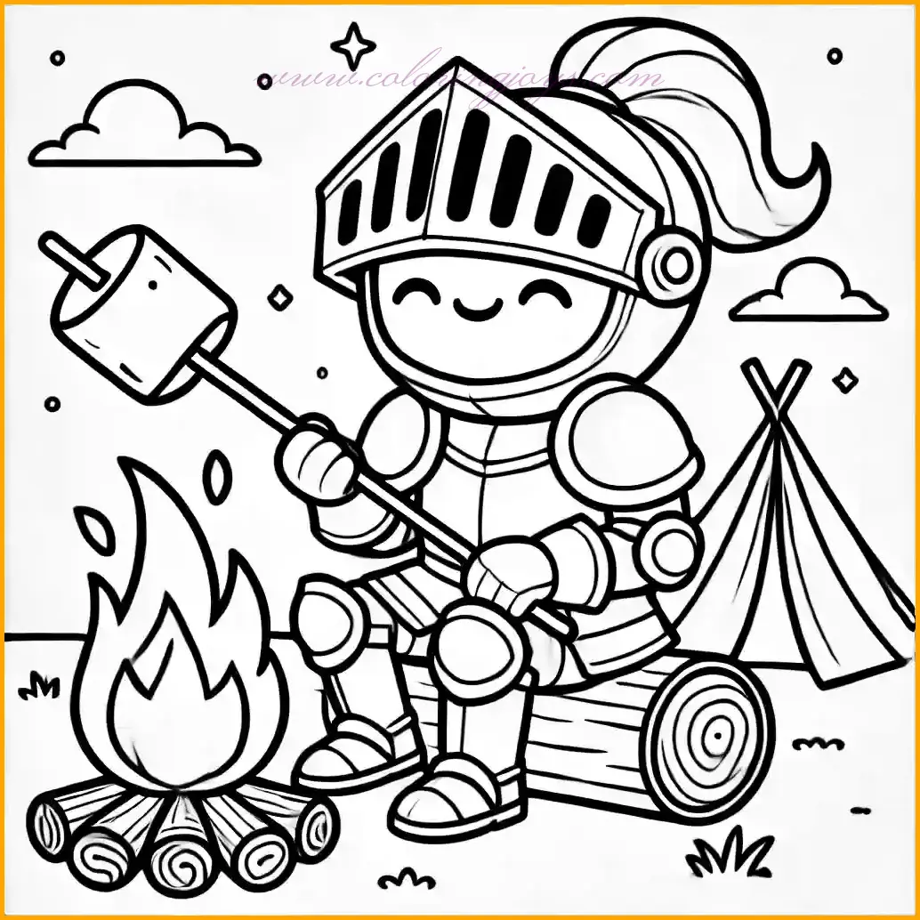This playful coloring page features a cheerful knight sitting by a crackling campfire, roasting a marshmallow on a stick. The knight’s helmet is tilted back, showing a happy and relaxed expression. The armor is simple with smooth surfaces, making it easy to color. In the background, there are a few outlined tents and a starry night sky, creating a cozy camping atmosphere. The bold lines and large open spaces in this drawing are perfect for children to bring the scene to life with their favorite colors.