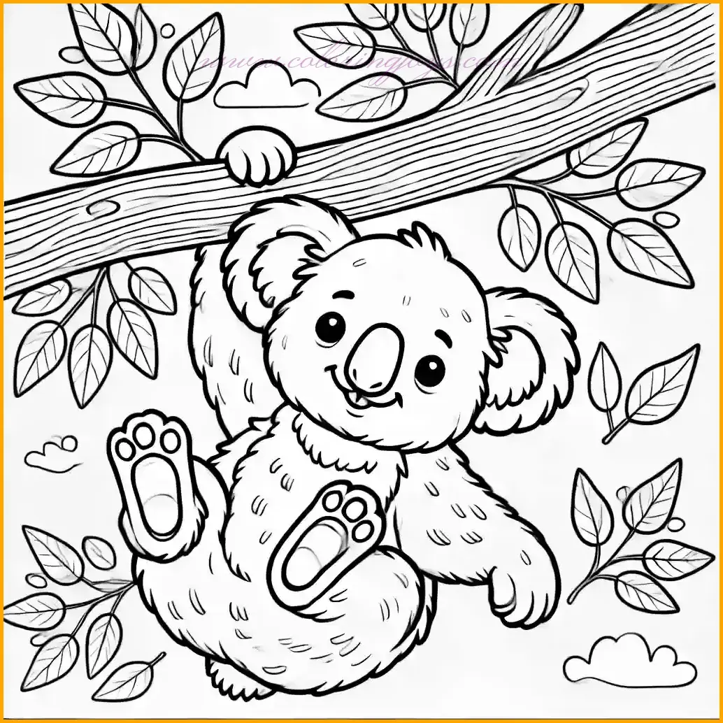 This updated coloring page captures a playful koala bear hanging upside down from a tree branch, clinging securely with its arms and legs. The koala’s fluffy ears and joyful expression make it perfect for sparking creativity. The minimal background includes a smooth tree branch and a few eucalyptus leaves, providing clean and open spaces for coloring. Bold, clear lines ensure that young children can color with ease while staying within the outlines. Bring the scene to life by using gray for the koala, brown for the branch, and green for the leaves, or let creativity take the lead!