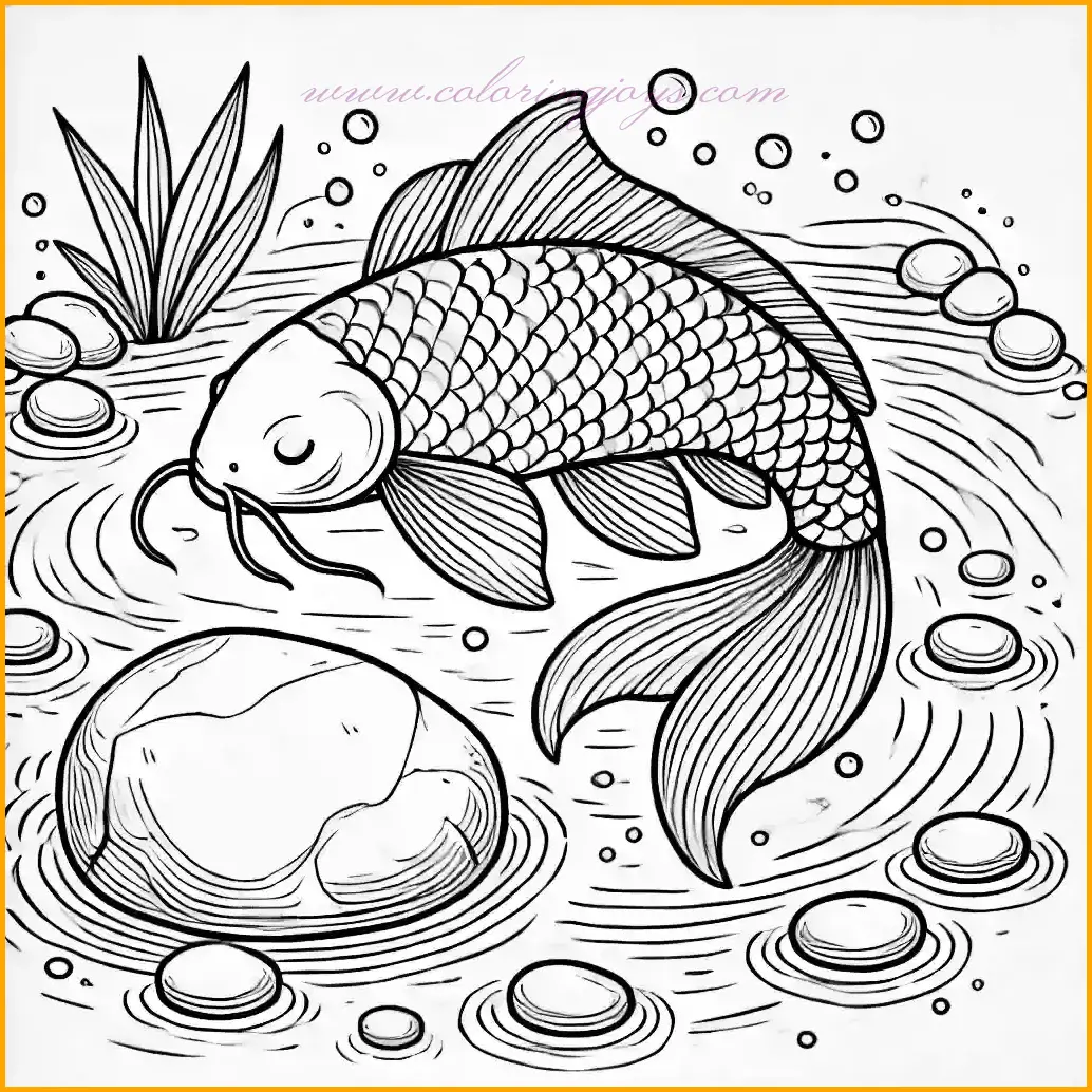 This outline drawing features a peaceful koi fish gracefully swimming near a large rock at the bottom of a pond. The fish’s flowing fins and bold, simple scales make it perfect for adding vibrant colors like orange, red, or yellow. The rock is smooth and surrounded by small pebbles, which can be shaded with earthy tones. Gentle ripples around the fish suggest calm water movement, while the minimalistic background offers plenty of space for creativity. This design is ideal for children, providing a straightforward and enjoyable coloring activity.