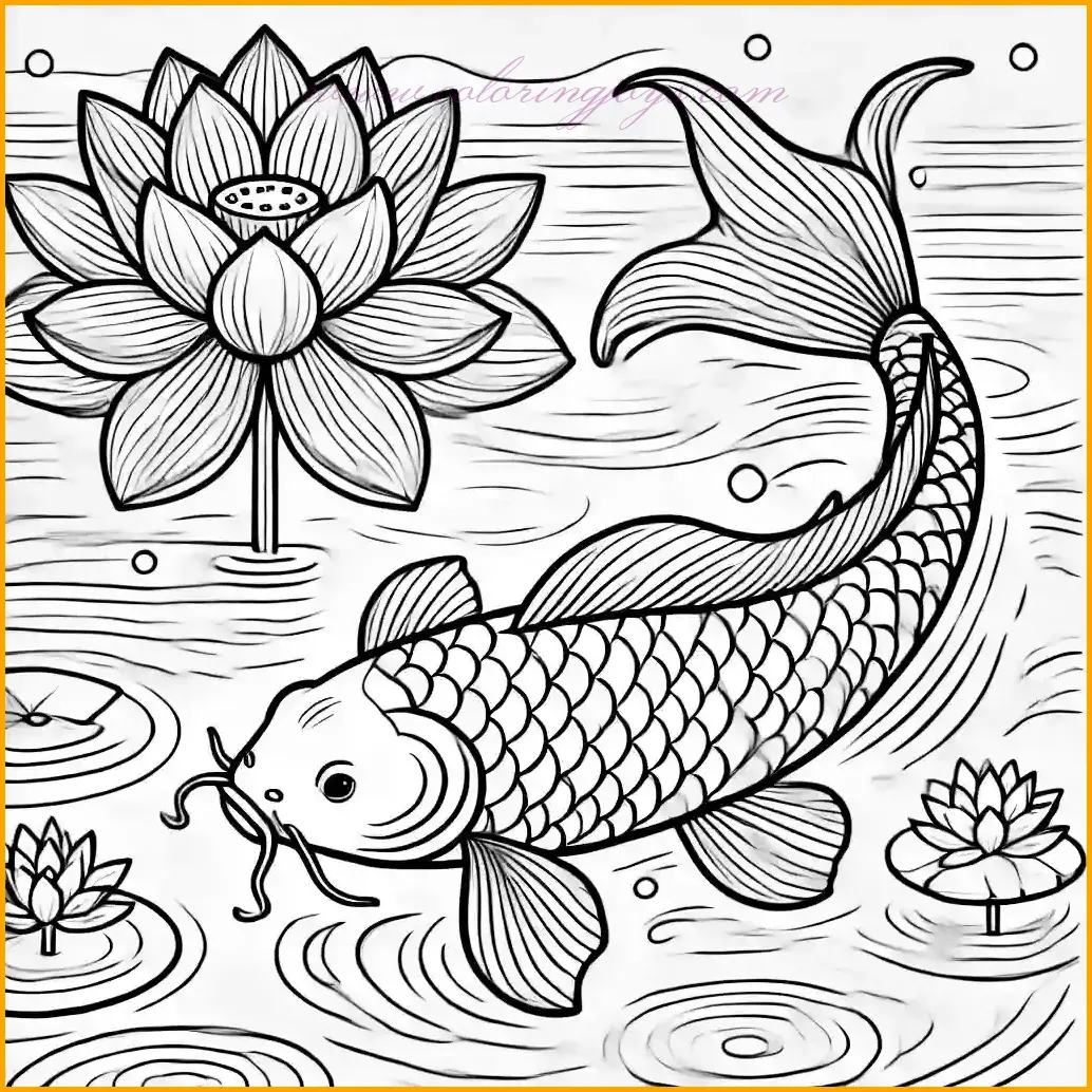 This serene outline drawing showcases a koi fish gracefully swimming beneath a blooming lotus flower in a calm pond. The koi fish features flowing fins and bold, simple scales, perfect for vibrant hues like orange, gold, or red. The lotus flower has wide petals and a slender stem, offering ample space for soft pink or white shades. Gentle water ripples add a sense of tranquility while leaving plenty of white space for creative expression. The clear, bold lines make this design ideal for children, providing a fun and relaxing coloring experience.