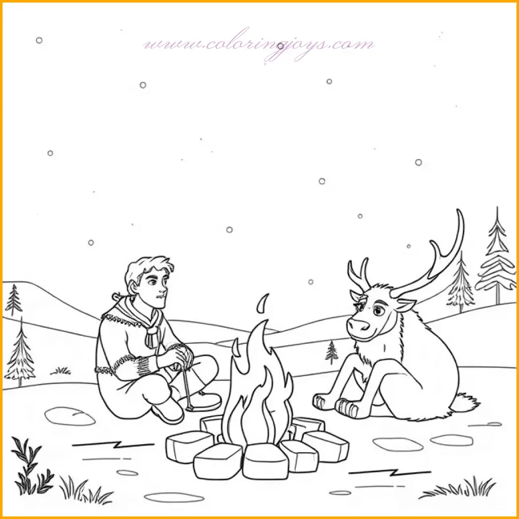 Kristoff and Sven are enjoying a peaceful evening by a glowing campfire, surrounded by the snowy wilderness, creating a cozy scene perfect for frozen movie coloring pages. Kristoff sits relaxed, strumming his lute, while Sven rests contentedly nearby, illuminated by the campfire’s warm glow. Use bright oranges and yellows for the campfire, blending into earthy browns and greens for Kristoff’s outfit. The snow-covered ground and distant trees can be shaded in icy whites and blues, making this a delightful coloring activity inspired by the Frozen movie.