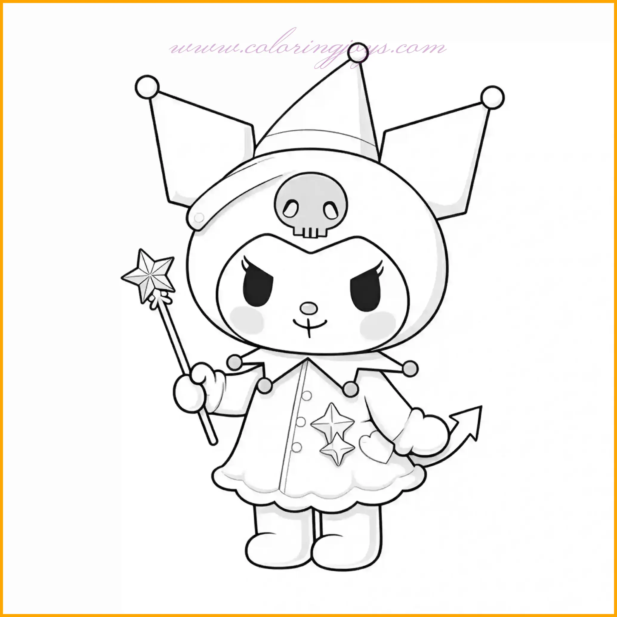 Kuromi looks enchanting holding a sparkling magic wand in this charming coloring page. Bring her magical side to life by coloring her outfit in shades of purple and black, with a golden sparkle for her wand. Enhance the magic effect with bright yellow or silver starbursts around her wand. This "Kuromi Coloring Page" invites creativity and imagination.