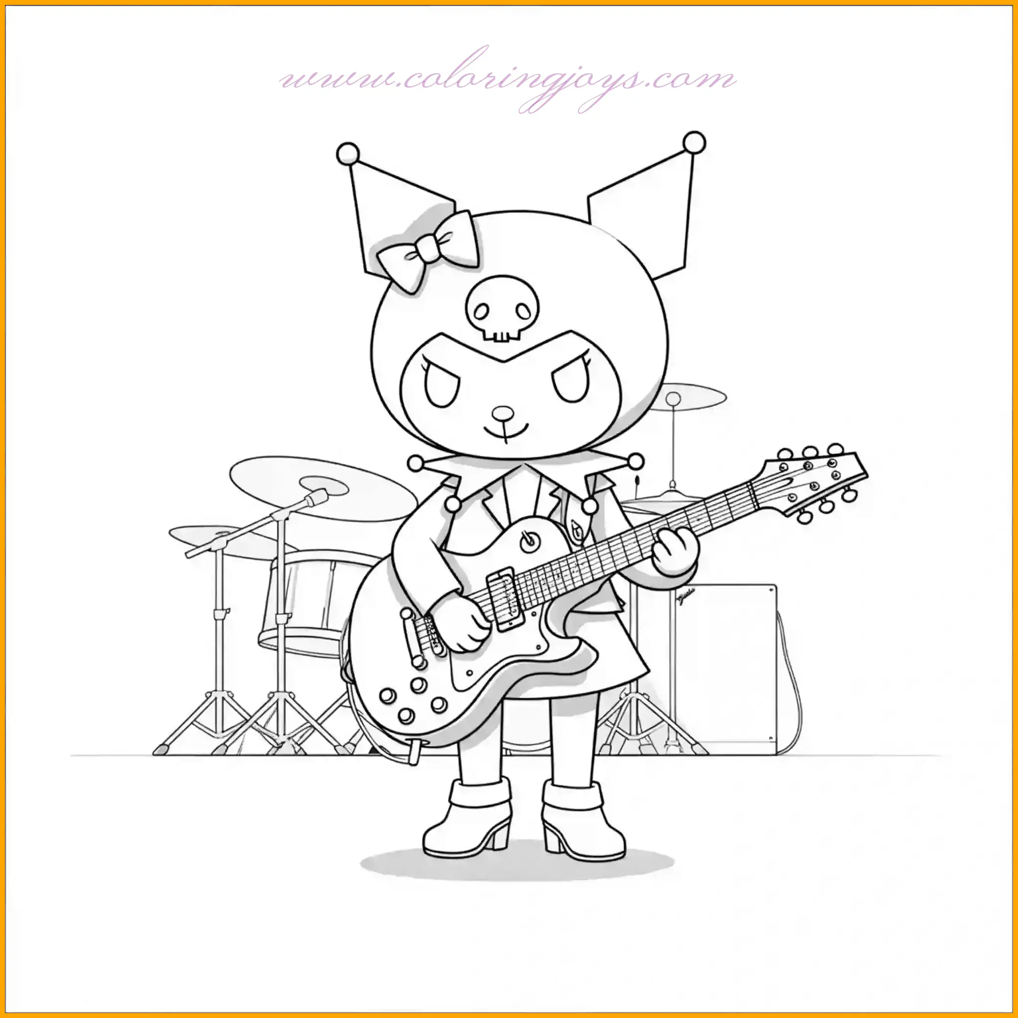 Kuromi shines as a rockstar, strumming her guitar with energy and style. Color her guitar in bright metallic shades like silver or electric blue, and give her outfit a cool punk vibe with dark tones and neon accents. Add a spotlight effect in the background to complete the concert look. This "Kuromi Coloring Page" is great for music and art enthusiasts alike.