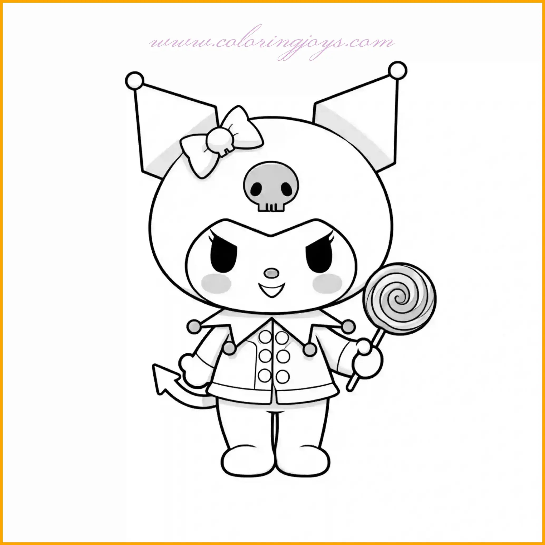 Kuromi shows off her playful side, holding a brightly colored lollipop and flashing a mischievous smile. Her pose is charming and inviting, perfect for a cheerful coloring session. Color the lollipop with vibrant rainbow hues like red, yellow, blue, and green to make it pop. Kuromi’s outfit can be styled with soft pinks and purples for a sweet yet edgy look, while her hat and other accessories shine in bold black tones. Add a background of candy swirls, sprinkles, or whimsical patterns to match the playful theme. This "Kuromi Coloring Page" is an absolute delight for kids and adults who love sweet treats and cheerful designs.