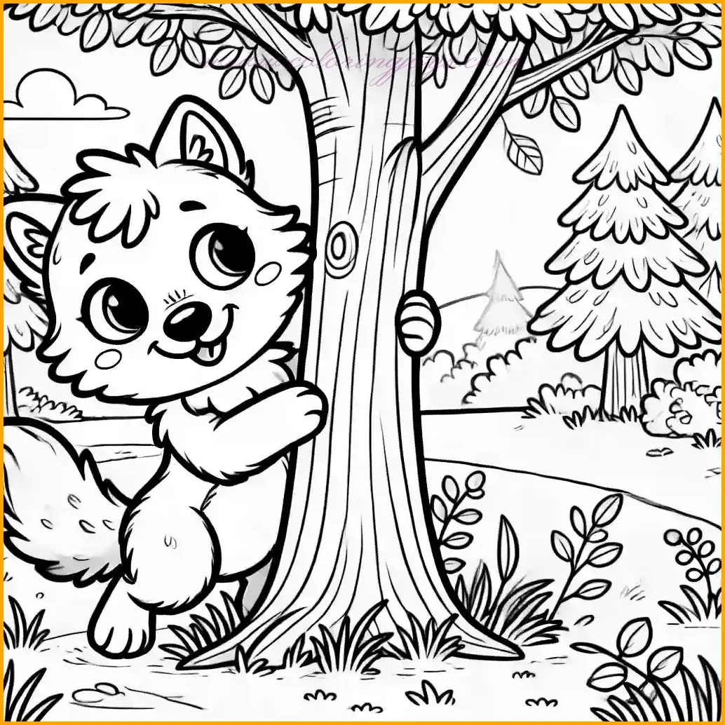 This line art features a playful cartoon wolf hiding behind a tree in a forest clearing, peeking out with a mischievous expression. The wolf’s fluffy fur details and cheerful demeanor add charm to the scene. The background includes grass, scattered leaves, and a few additional trees, creating a natural and logical outdoor setting. Bold and clear outlines ensure that the image is easy for kids to color. Young artists can bring this fun moment to life by adding vibrant greens for the grass and trees and warm tones for the wolf, making the scene delightful and engaging.