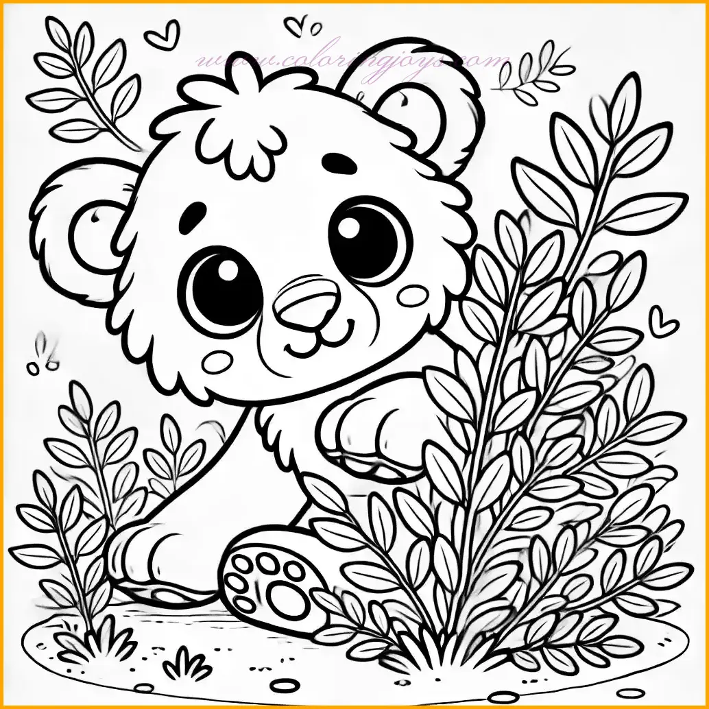 This coloring page shows a playful lion cub hiding behind a bush, with its head and front paws peeking out. The cub’s curious and mischievous expression makes the scene delightful and engaging for young artists. The background is minimal, featuring a few scattered blades of grass to keep the focus on the cub. The bold outlines and large open spaces ensure the image is easy and fun for children to color. Use yellow and orange for the cub, green for the bush, and touches of brown for the ground to bring this charming scene to life. This simple and enjoyable design is perfect for kids to explore their creativity!