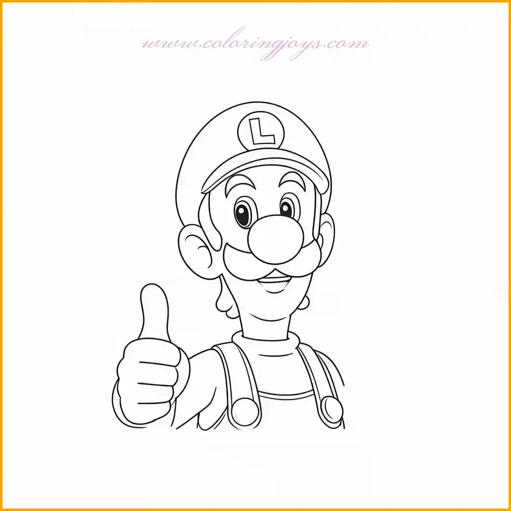 Luigi, Mario’s loyal brother, is shown here giving a cheerful thumbs-up. His signature green hat and overalls can be colored in bright green and blue, with his gloves and shoes in white and brown respectively. Use a warm skin tone for his face and add a fun background with sparkling stars or a sunny field. This friendly pose is a wonderful choice for fans of Luigi, and it adds diversity to any collection of coloring pages of Mario characters.