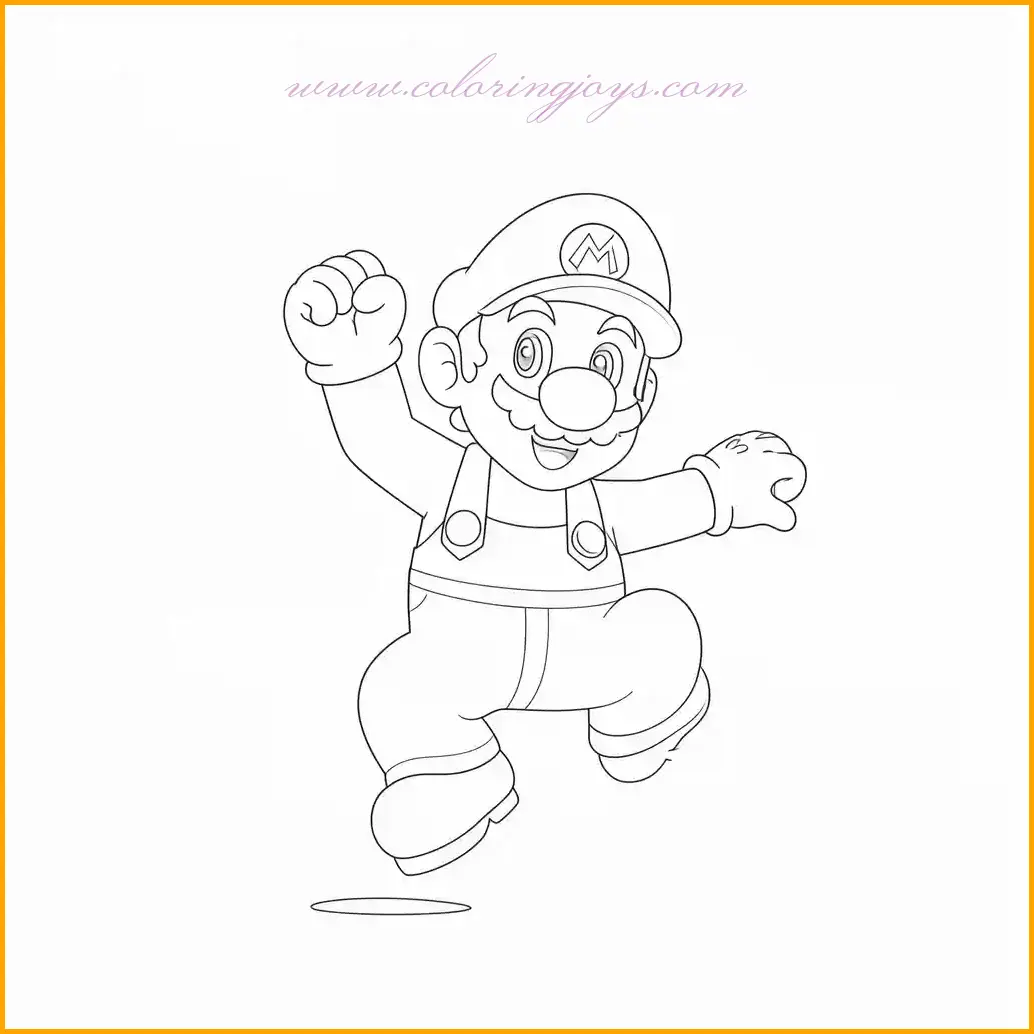 This coloring page features Mario in mid-air, showcasing his classic jumping action. Use a vibrant red for his hat and shirt, blue for his overalls, and brown for his shoes. The background can be filled with imaginative elements like floating coins, green pipes, or a bright blue sky. Artists can experiment with shading to emphasize Mario’s energetic movement. As one of the highlights in coloring pages of Mario characters, this dynamic design captures the adventurous spirit of the iconic hero.