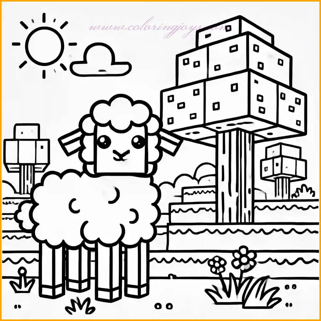 This delightful coloring page depicts a blocky Minecraft sheep standing on a grassy hill under a bright sun. The background features a blocky tree and a simple sky, creating an open and enjoyable design for coloring. The sheep has a fluffy and friendly look, outlined with clean lines and large spaces for easy coloring. Use white or light gray for the sheep, green for the grass and tree, and yellow for the sun to make this Minecraft-themed scene vibrant and fun. Ideal for young Minecraft fans to express their creativity!