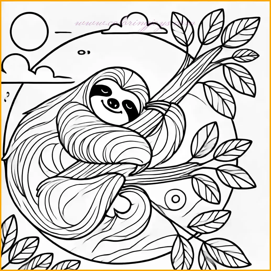 This coloring page features a serene and minimalistic illustration of a sloth curled up on a simple tree branch. The design is rendered in clean, bold lines with large open spaces, perfect for easy coloring. A minimalist sun and a single cloud enhance the tranquil background, along with a few abstract leaves to complete the scene. The overall composition embraces simplicity, creating a modern and calming experience for those who enjoy a refined and elegant coloring activity.