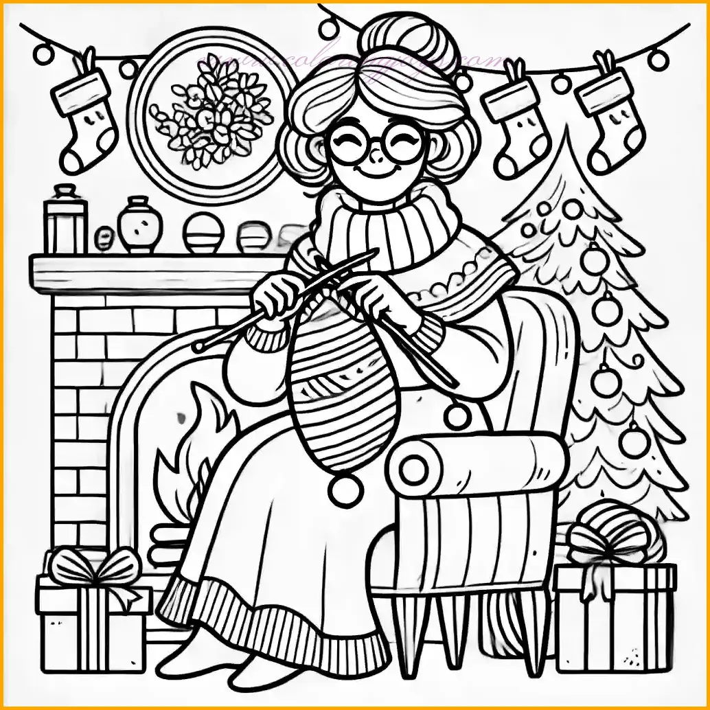 This cozy illustration for mrs claus coloring pages features Mrs. Claus sitting by a warm fireplace, joyfully knitting a scarf. She is dressed in her traditional festive attire, complete with glasses, radiating holiday warmth. The background includes simple details like stockings hanging above the fireplace and a small decorated Christmas tree, enhancing the festive ambiance. The design uses clean, bold outlines and offers large open spaces, making it ideal for coloring. Use reds and whites for her outfit, greens and reds for the tree and stockings, and soft tones for the scarf and fireplace to bring this heartwarming scene to life!