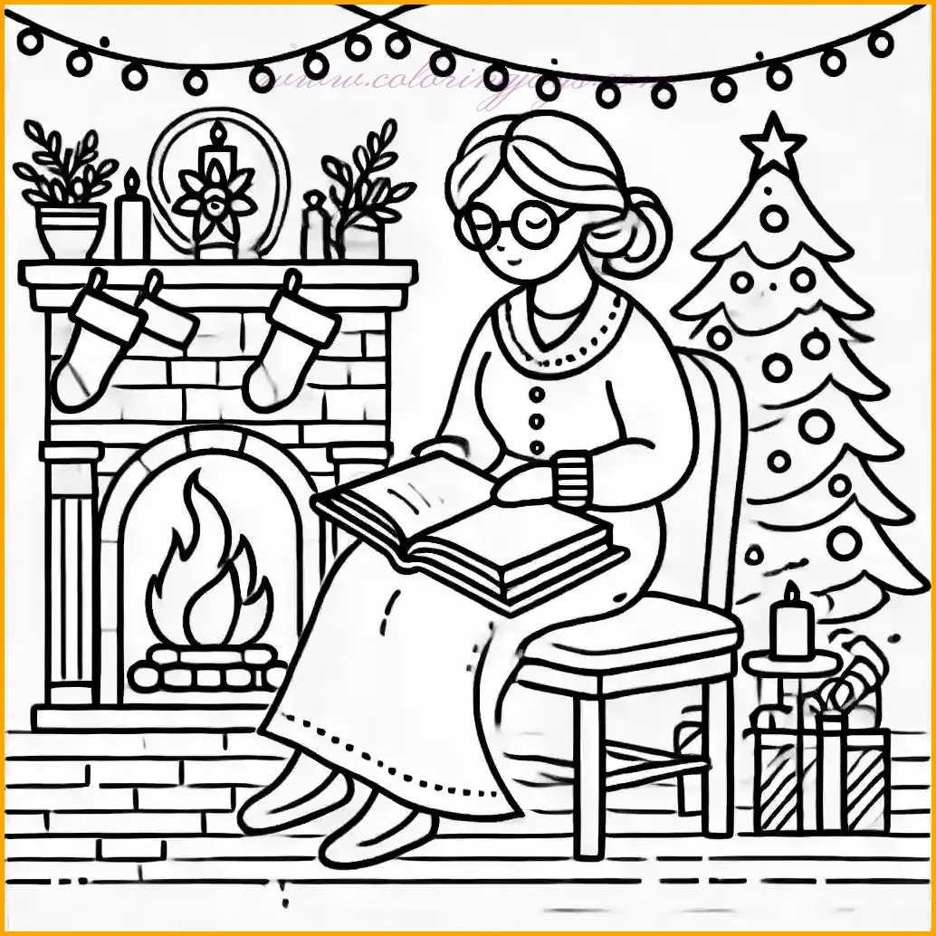 This cozy scene for mrs claus coloring pages shows Mrs. Claus sitting comfortably near a warm fireplace, reading a storybook. She wears her traditional Christmas outfit, complete with spectacles perched on her nose. The background includes a small decorated Christmas tree and stockings hanging neatly above the fireplace, adding to the festive atmosphere. The design is minimalistic with clean, bold lines and ample open spaces, making it perfect for children to color. Use reds and whites for her outfit, earthy tones for the fireplace, and bright greens and reds for the tree and stockings to create a delightful holiday illustration!