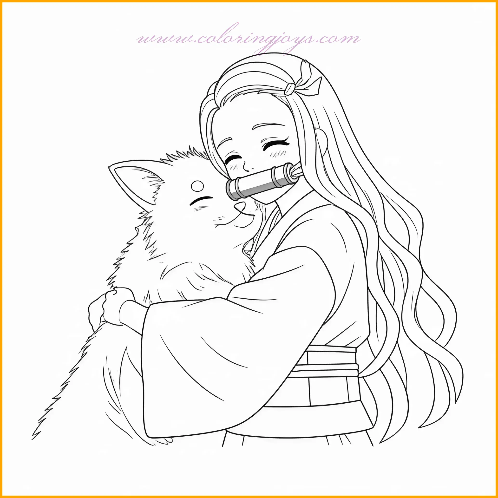 This heartwarming scene shows Nezuko embracing an adorable animal, radiating warmth and affection. Her kimono’s detailed designs provide opportunities to experiment with intricate patterns, while the animal’s fur allows for creative shading. Use soft, comforting colors for the overall composition, such as light pinks, greens, and browns. The background can feature a tranquil meadow or a cozy indoor setting to enhance the mood. This page is ideal for young artists who love adding expressive details to their coloring projects.