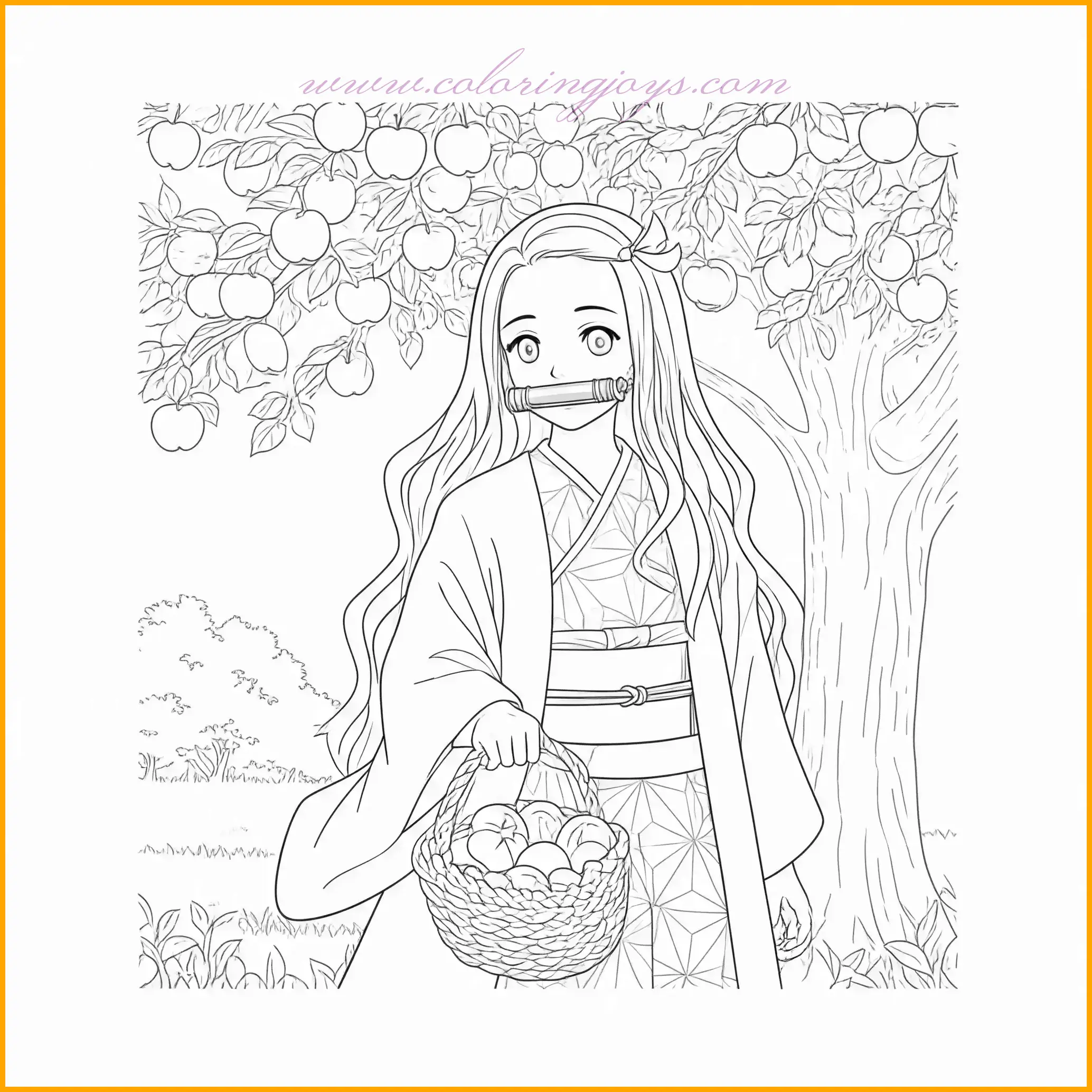 This delightful scene features Nezuko Kamado picking apples from a tree, offering a mix of nature and character detail for coloring enthusiasts. Her kimono can be brought to life with warm hues like orange and red, while the apples can be shaded with deep reds and greens. Add texture to her hair with rich black tones and subtle highlights. The tree and grass in the background can be filled with earthy colors to create a harmonious composition. This is a standout piece in the demon slayer nezuko coloring pages for both kids and adults to enjoy.