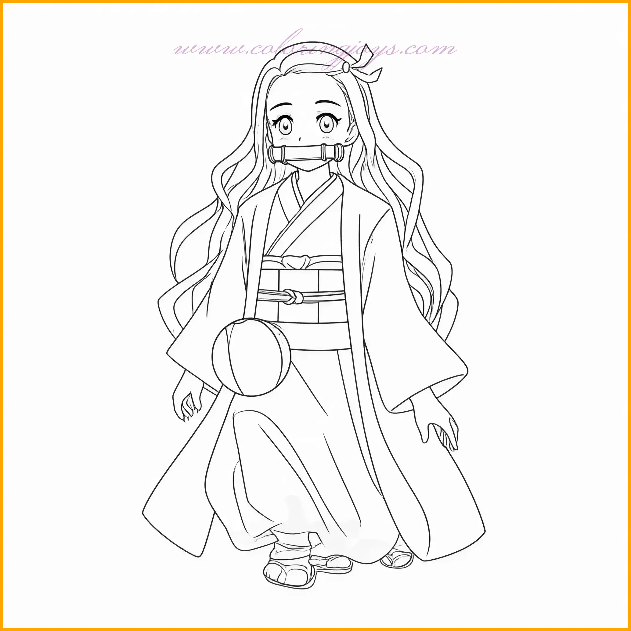 In this cheerful image, Nezuko is shown playing with a ball, radiating happiness and energy. Her detailed kimono allows for vibrant and creative coloring, with patterns that can feature shades of pink, green, and white. The ball offers a chance to use bold and contrasting colors like red or blue. Create a lively background with bright skies and soft green grass to complete the playful atmosphere. This drawing from the demon slayer nezuko coloring pages collection is perfect for young artists seeking a fun and engaging activity.