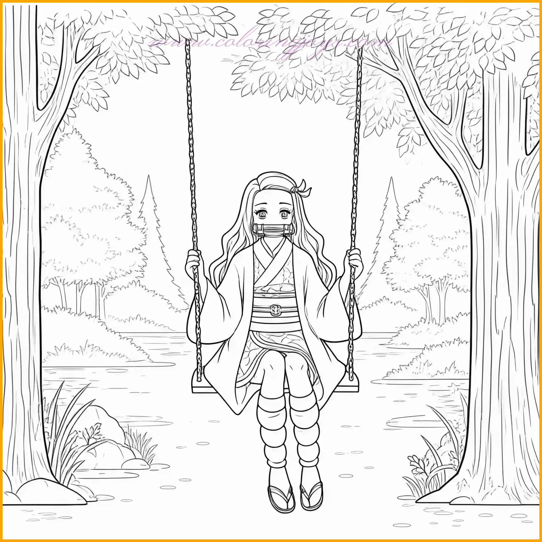 This charming image shows Nezuko sitting on a wooden swing, gently swaying in the breeze. Her traditional kimono, flowing with delicate patterns, is ideal for soft, pastel shades like pink and lilac. The swing can be detailed with warm brown tones, and her hair can be enhanced with gradients of black and red. The background could feature a blooming garden or a bright sunny day, creating a joyful atmosphere. This is a delightful addition to any Demon Slayer Nezuko coloring pages collection.