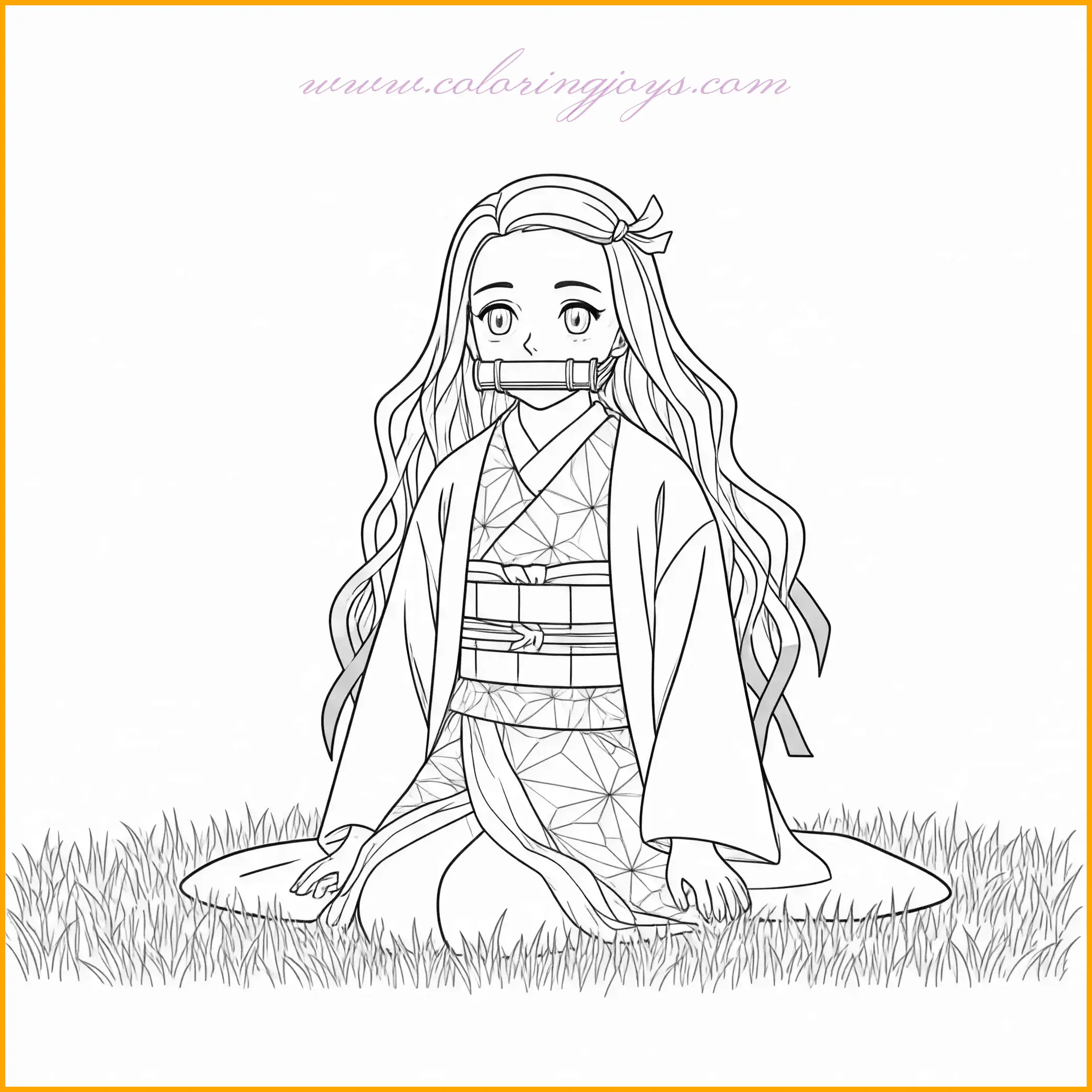 In this calming scene, Nezuko sits quietly on the grass, surrounded by nature. Her kimono’s intricate patterns can be colored with a harmonious palette of pink, green, and yellow. Her bamboo muzzle adds a touch of detail, perfect for a bright green shade. The grassy field beneath her can be brought to life with varying shades of green, while the sky in the background can feature light blue and white clouds. This serene image is one of the most relaxing Demon Slayer Nezuko coloring pages, perfect for practicing shading and blending techniques.