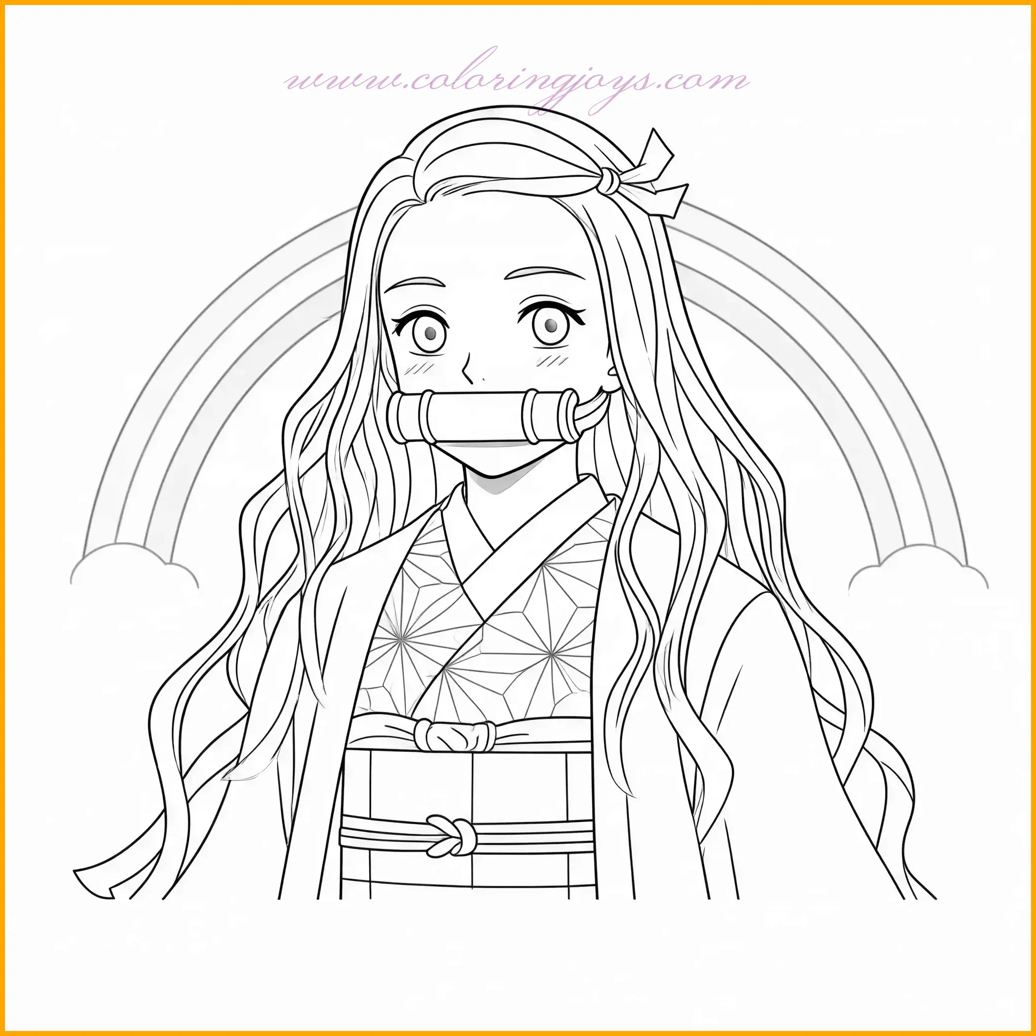 This cheerful coloring page depicts Nezuko standing with a bright rainbow in the background, creating a vibrant and uplifting scene. Her kimono can be filled with bright colors like pink, yellow, and purple, while the rainbow allows for a full spectrum of colors. Her flowing black hair can be highlighted with shades of auburn to add depth. The grassy foreground and the clear blue sky complete the composition, making this one of the most colorful and joyful Demon Slayer Nezuko coloring pages for all ages.