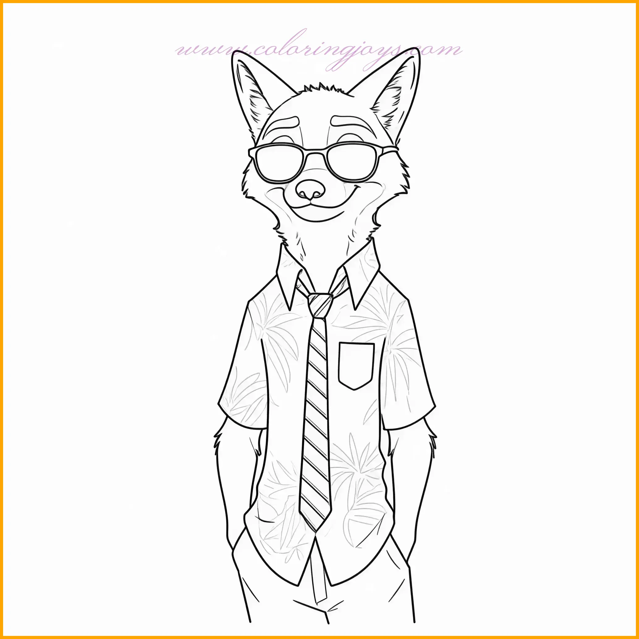 This playful coloring page shows Nick Wilde in a laid-back pose, confidently wearing his sunglasses. His cool attitude and cheeky grin perfectly capture his mischievous nature. For coloring, use orange and white for Nick’s fur, black for his sunglasses, and green for his shirt. His tie can be colored in a contrasting shade like purple or red for a vibrant look. The background could feature a lively Zootopia street scene or a sunny park, filled with blues, greens, and yellows. This page is ideal for fans who love Nick’s carefree and charismatic personality.