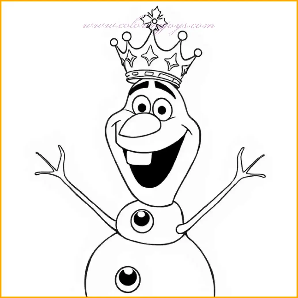 Olaf strikes a regal pose, proudly wearing a crown and pretending to be the king of Arendelle. His playful imagination comes alive in this delightful coloring page. Use a bright gold or yellow for his crown, with jewel tones like red, green, and blue for the gems. Olaf’s snowy body should remain bright white, with gray accents for depth. His carrot nose stands out in bright orange, and his twig arms and hair can be shaded in earthy brown. To enhance the royal theme, consider coloring the background in rich purples and adding golden sparkles for a magical effect.