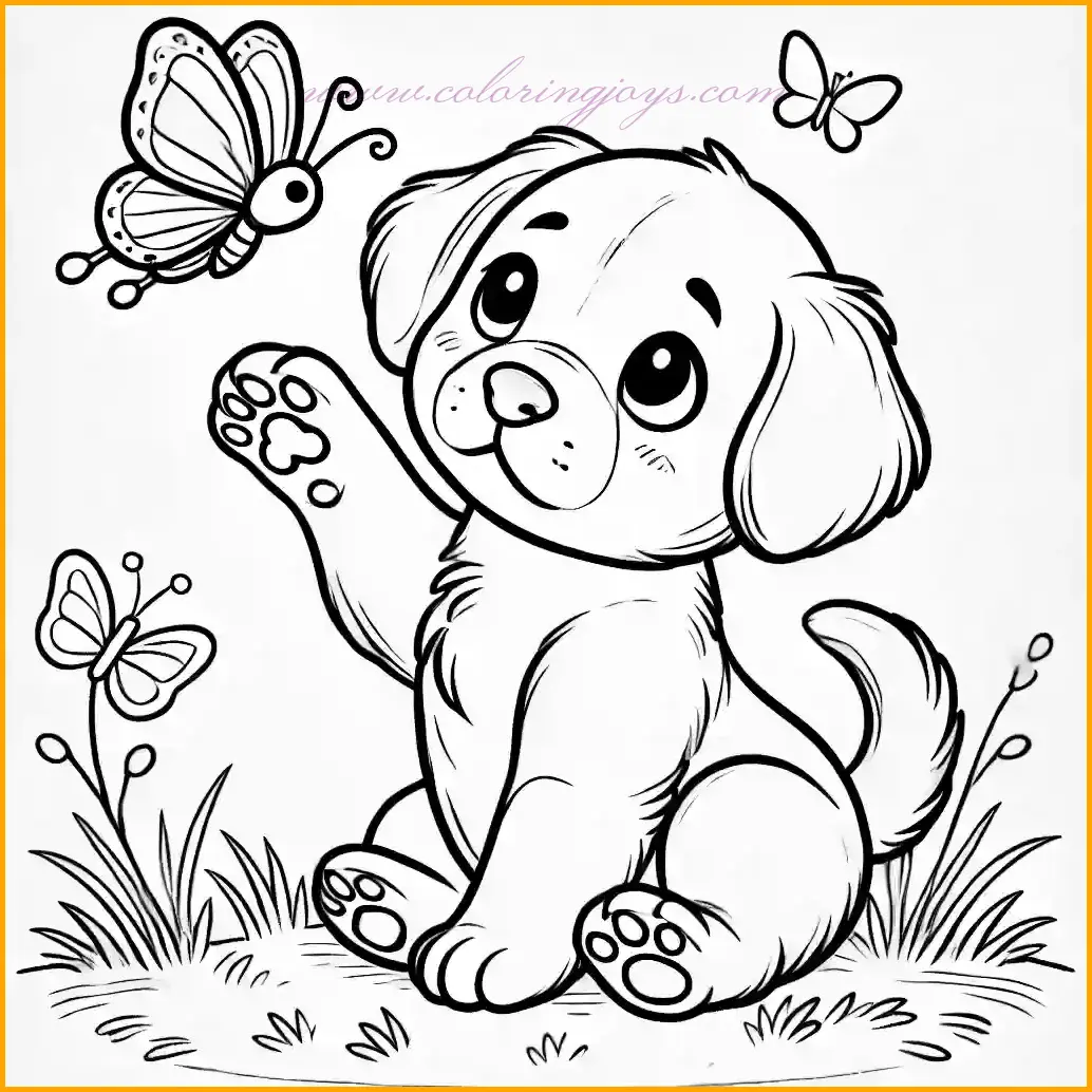 This delightful coloring sheet features a playful puppy interacting with a fluttering butterfly. The puppy, with floppy ears and a curious expression, has one paw raised as if trying to reach the butterfly. The small butterfly hovers just above the puppy's paw, adding a whimsical touch. The background includes a few simple blades of grass, keeping the focus on the charming interaction. Children can color the puppy in soft browns or whites, the butterfly in vibrant shades, and the grass in green. The clear and thin outlines make it easy and fun for kids to create their colorful masterpiece.