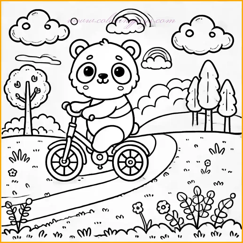 This adorable coloring page features a cheerful panda bear riding a small bicycle along a grassy path in a scenic park. The background includes trees, a bright sunny sky, and fluffy clouds, making it a fun and vibrant scene to color. Bold outlines and spacious areas ensure this design is perfect for kids. Use black and white for the panda, colorful tones for the bicycle, and green for the grass and trees to create a lively outdoor setting. A creative and enjoyable activity for children to explore!