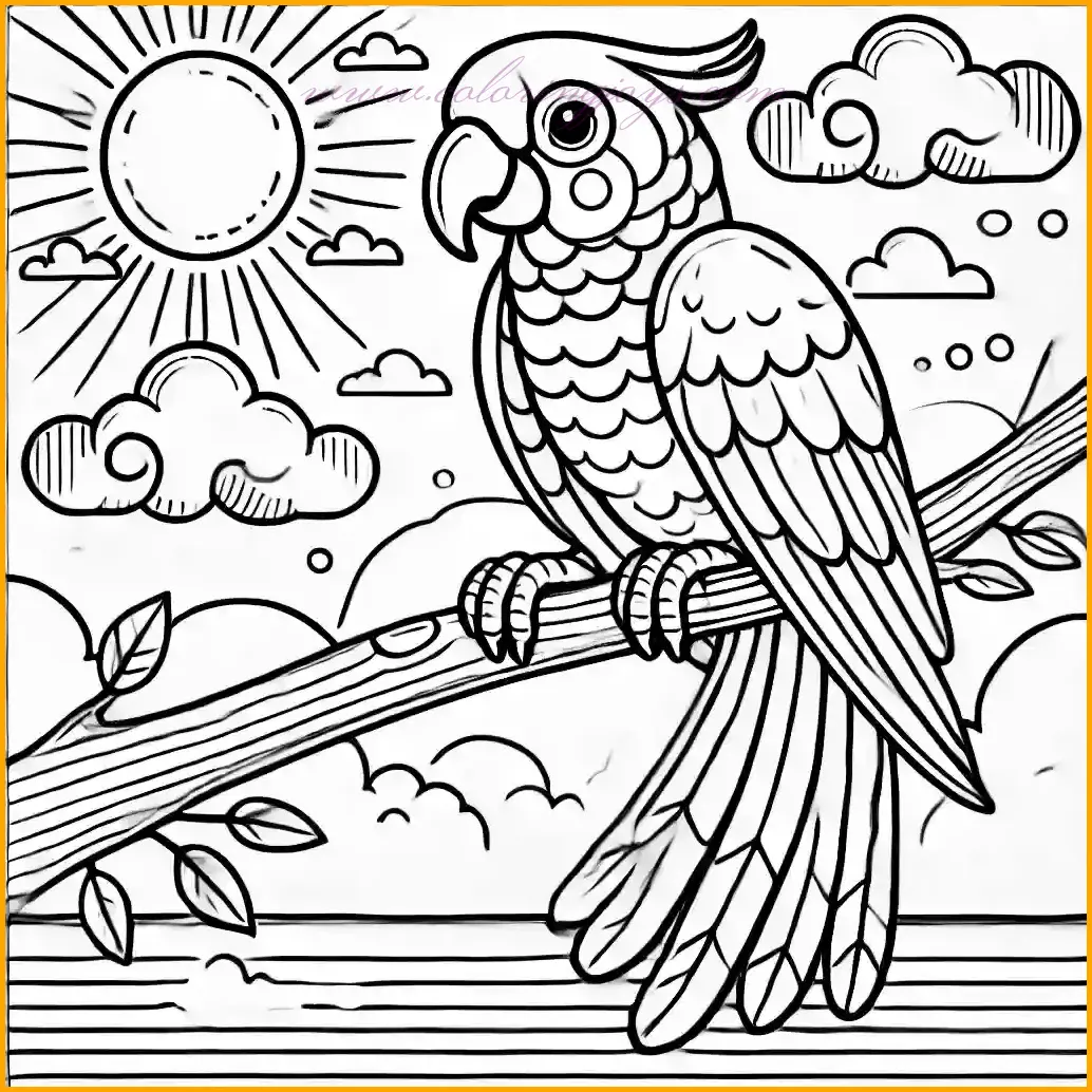 This coloring page showcases a parrot bird perched on a branch, accompanied by a simple background featuring a bright sun and fluffy clouds. The parrot is drawn in a side view, highlighting its distinctive beak, detailed feathers, and long tail. The branch is adorned with a few leaves, and the background elements are kept minimal to ensure ease of coloring. Large, open spaces make it ideal for young children to add vibrant colors to the parrot, sky, and surroundings, creating a cheerful and engaging scene.