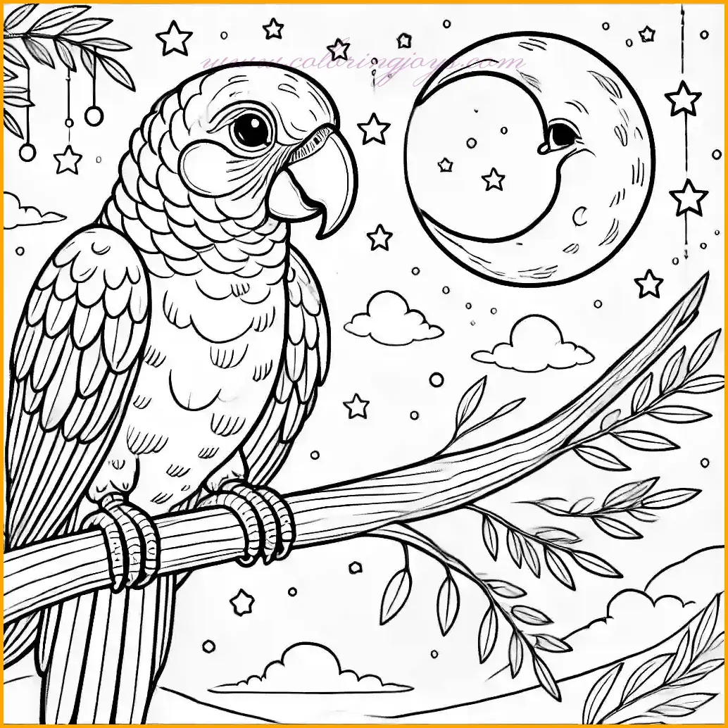 This coloring page showcases a parrot bird perched on a tree branch, set against a serene nighttime background with a crescent moon and a few stars. The parrot is drawn in a side view, with its beak, feathers, and tail distinctly outlined for easy coloring. The background elements, including the moon and stars, are kept simple, offering plenty of space for children to color creatively. Bright hues for the parrot and soft tones for the nighttime sky can bring this peaceful scene to life.
