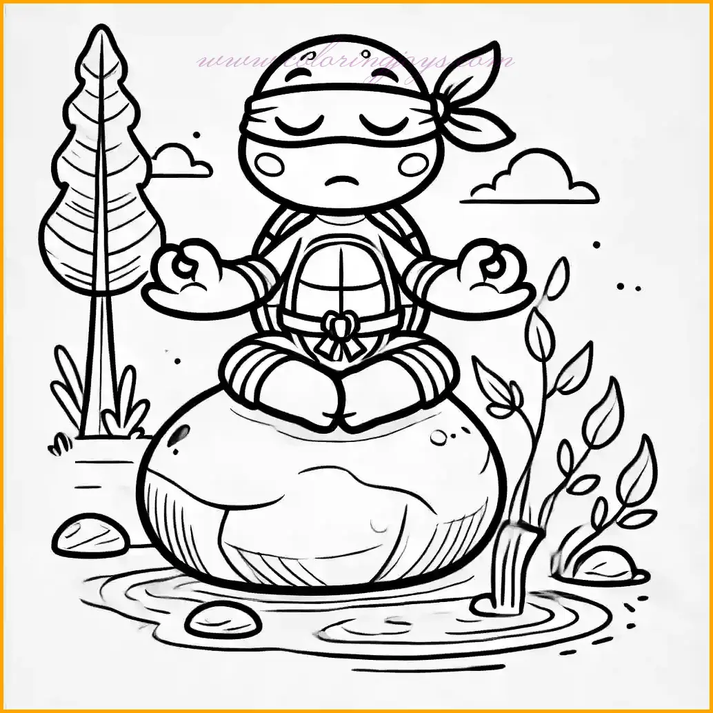This serene coloring page features a ninja turtle sitting cross-legged on a rock, meditating peacefully with eyes closed. The turtle wears a mask and carries its signature shell, creating a calm and balanced vibe. In the background, a small tree and a flowing stream add a touch of natural charm without overwhelming the main character. Use green for the turtle, brown for the shell and rock, and add soft colors like blue for the stream and green for the tree to complete the peaceful scene. Ideal for kids who enjoy mindfulness and creativity!