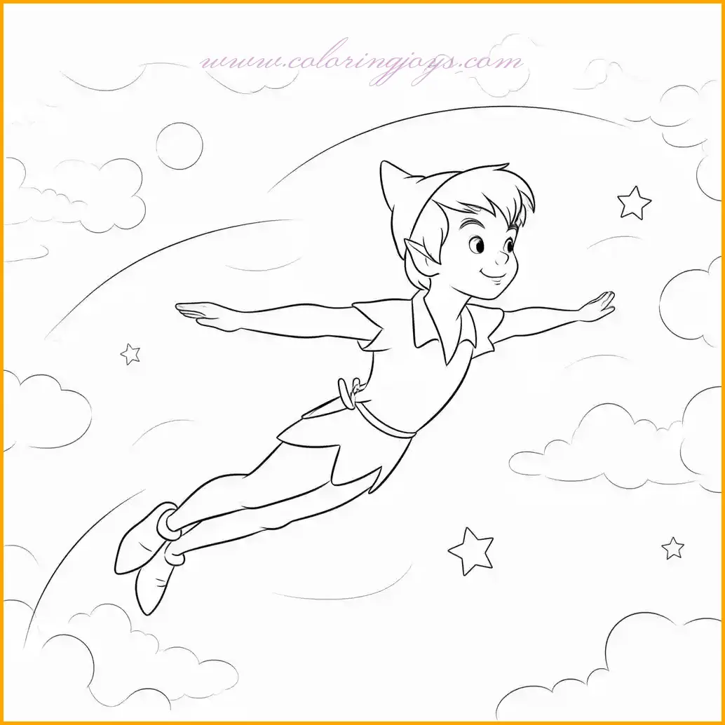 This adventurous Disney coloring page captures Peter Pan soaring through the skies, a symbol of youthful freedom and magic. Peter’s outfit, including his green tunic, tights, and feathered cap, can be shaded in shades of green and red. His playful smile adds life to the scene, while the background can be filled with a vibrant blue sky and fluffy white clouds. Encourage kids to add extra elements like Tinker Bell’s sparkling fairy dust trails or a hint of Neverland’s magical landscape in the distance. This page is perfect for young dreamers who love Peter Pan’s thrilling escapades.
