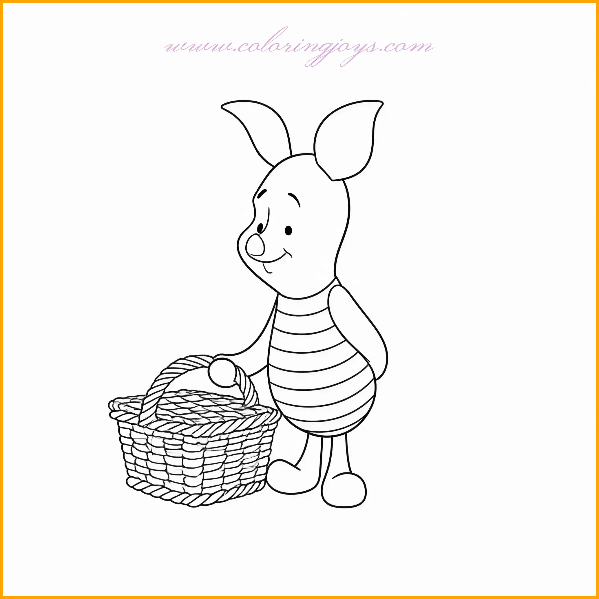In this delightful coloring page, Piglet is carrying a small picnic basket, eagerly searching for Pooh. Use Piglet’s soft pink hues to highlight his expression of anticipation, and fill the basket with vivid colors like red apples, yellow bananas, and blue checkered cloth. The background can feature a grassy field with hints of trees or a sunny park setting. Add playful details like picnic blankets, ants carrying crumbs, or a distant glimpse of Pooh to enhance the storytelling. The page offers a wonderful opportunity to experiment with warm, cheerful tones and intricate details.