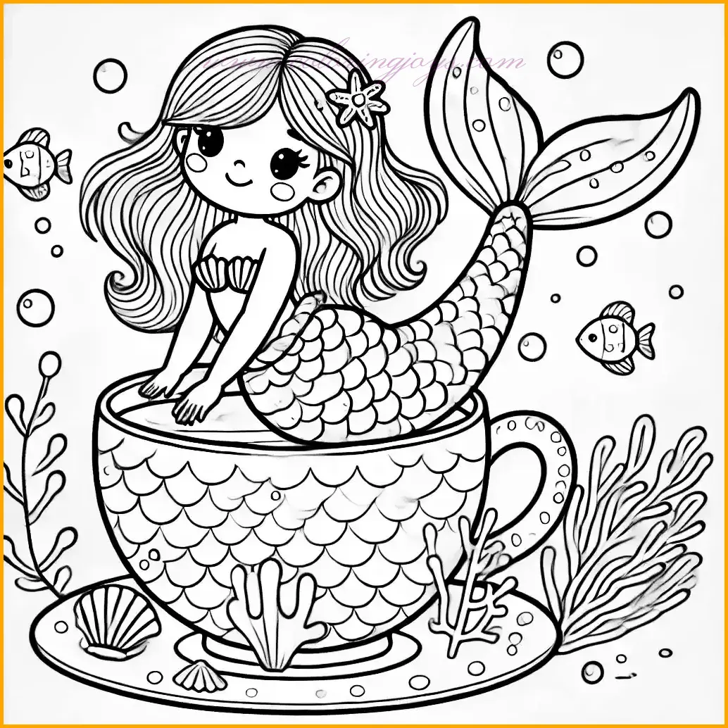 This whimsical coloring page of a mermaid shows her sitting inside a giant teacup made of coral, her tail hanging playfully over the edge with large, easy-to-color scales. She has a cheerful smile, and her hair is decorated with tiny seashells, adding to her charm. The background of this coloring page of a mermaid features a few floating bubbles and simple seaweed, creating a delightful underwater atmosphere. With bold outlines and large open spaces, this coloring page of a mermaid is perfect for kids to have fun adding vibrant and imaginative colors!