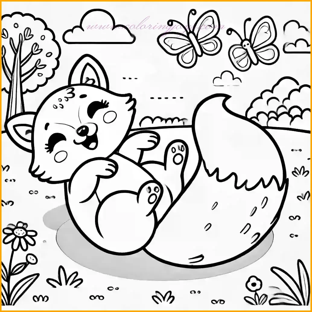 This delightful coloring picture of a fox shows it rolling happily on the grass with its legs in the air and a big smile on its face. The fox’s rounded features and fluffy tail stretched beside it make the scene extra charming. The background includes a tree, a butterfly hovering nearby, and a few scattered flowers, adding a playful touch to the natural setting. Bold and clear outlines provide large open spaces, making this coloring picture of a fox easy and enjoyable for children. Use orange for the fox, green for the grass and tree, and bright colors for the butterfly and flowers to create a lively and joyful scene!