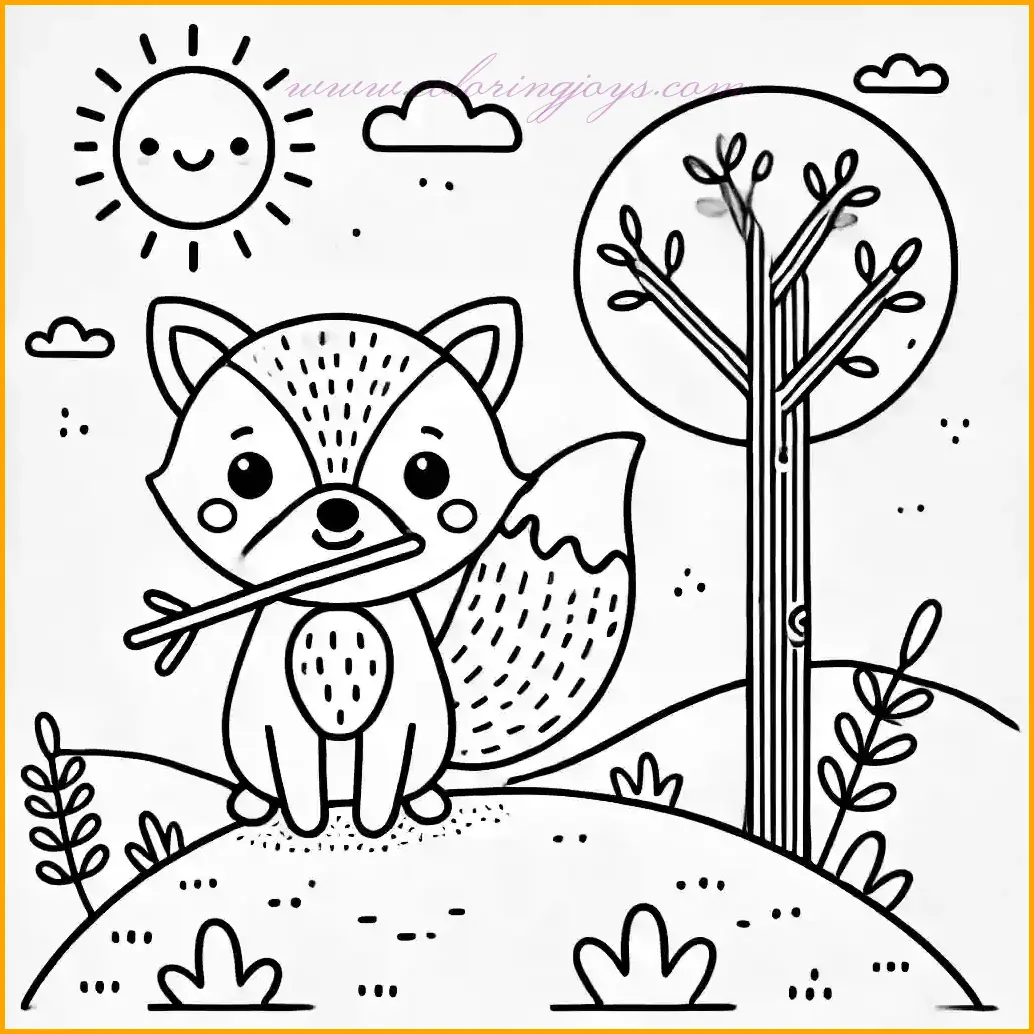 This cheerful coloring picture of a fox shows it standing proudly on a small hill under a bright sun. The fox holds a stick in its mouth, with a playful expression that adds charm to the scene. The background features a simple tree, soft clouds in the sky, and grassy patches on the hill, creating a delightful natural setting. The bold and clear outlines ensure large open spaces, making this coloring picture of a fox easy and enjoyable for children. Use orange for the fox, green for the grass and tree, and sunny yellow for the sun to make this picture lively and colorful!