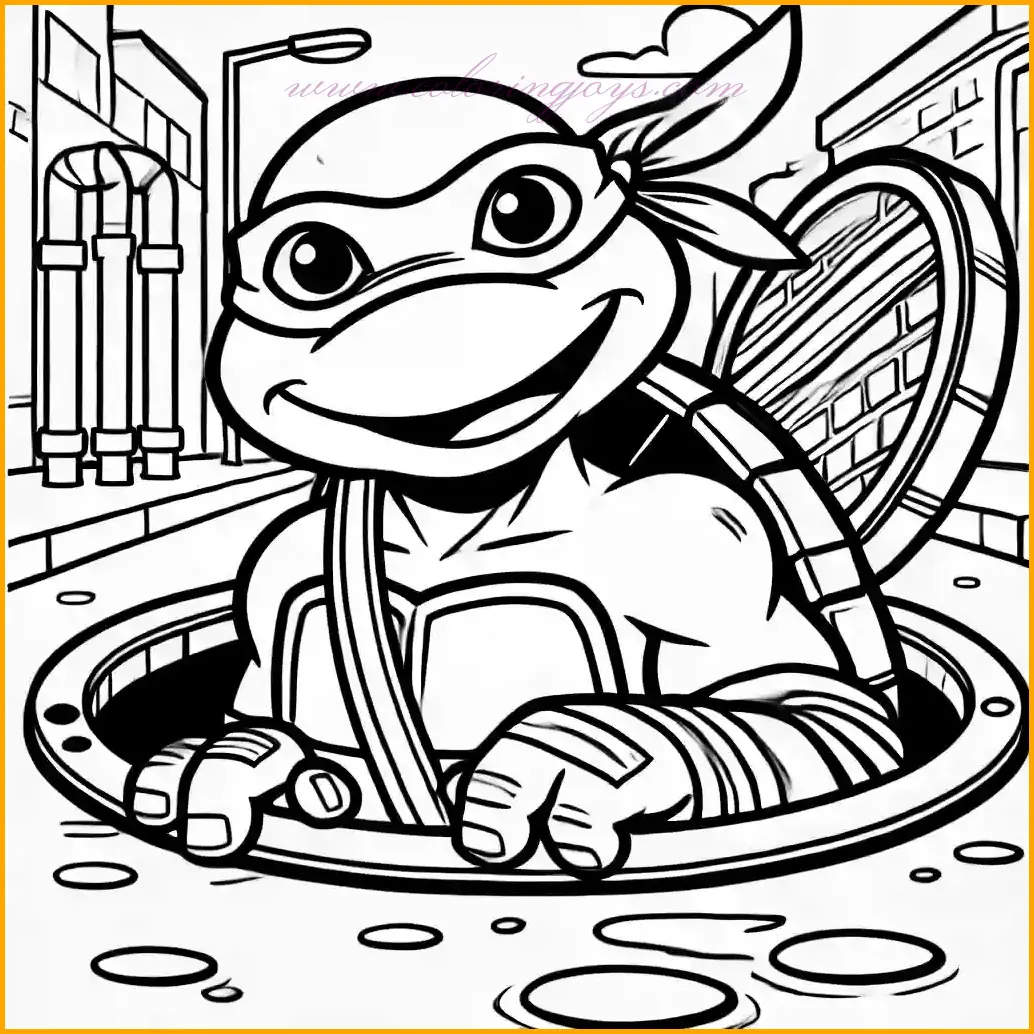 This adventurous coloring page features a mischievous ninja turtle emerging from a sewer with a cheeky grin. The turtle wears its signature mask and shell, surrounded by a tilted sewer lid and hints of a city street above. Use green for the turtle, brown for its shell, and vibrant colors for the mask. Add soft grey for the sewer lid and muted tones for the city street to complete the scene. This fun and bold design is perfect for young fans of action-packed adventures and creative coloring!