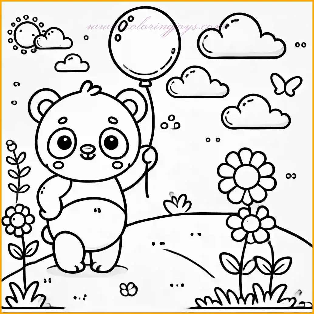This fun and cheerful coloring page features a playful panda bear holding a balloon while standing on a grassy hill. The scene is filled with delightful details, including flowers, a sunny sky, and fluffy clouds, perfect for creating a vibrant and lively illustration. With bold outlines and spacious areas, kids can easily bring this adorable panda to life with their favorite colors. Use classic black and white for the panda, bright tones for the balloon and flowers, and soft blues and greens for the background. A joyful and creative activity for all!