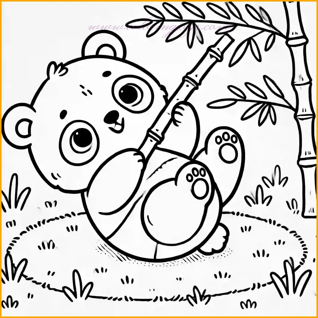 This adorable coloring page features a playful panda bear lying on its back, holding a bamboo stalk with a joyful expression. The scene includes soft grass beneath the panda and a few bamboo stalks in the background, adding a touch of nature to the setting. The bold outlines and large empty spaces make it easy and enjoyable for kids to color. Use black and white for the panda, green for the bamboo, and bright, cheerful colors for the background to bring this playful scene to life!