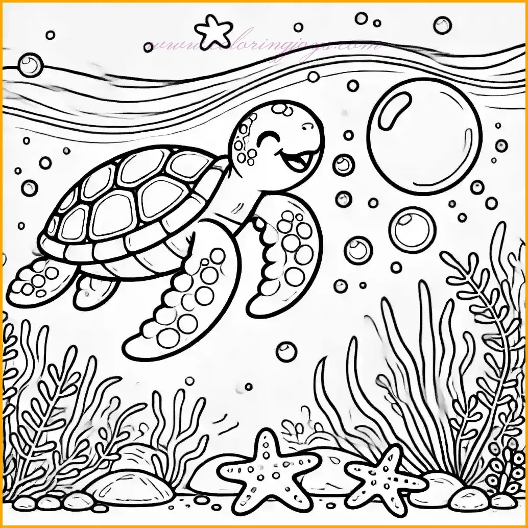 This delightful coloring page features a sea turtle playing with a large bubble in an underwater setting. The scene includes a cheerful turtle, a starfish resting on the ocean floor, a few rocks, and gentle water wave patterns in the background. The bold outlines and spacious design make it perfect for kids to color easily. Use shades of green for the turtle, bright orange for the starfish, and soft blues for the water to create a lively and playful underwater scene!