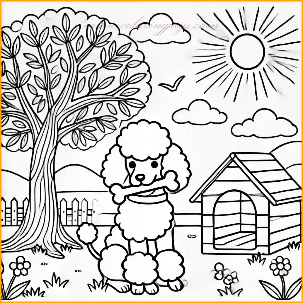 This delightful coloring page shows a poodle sitting under a tree with broad leaves, holding a bone in its mouth. The scene is set on a grassy patch near an outlined doghouse, with a few scattered flowers adding charm to the natural setting. The background features a bright sun and a bird flying in the clear sky. Bold outlines and large spaces make it easy and fun for children to color. The playful yet peaceful atmosphere invites creativity as kids bring the poodle and its surroundings to life with vibrant colors.