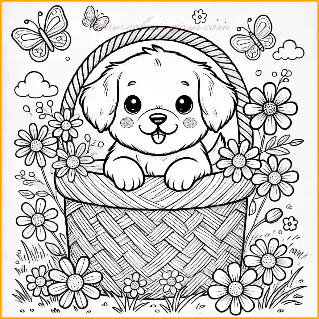 This adorable coloring sheet features a happy puppy peeking out of a woven basket surrounded by flowers. The puppy, with floppy ears and a joyful expression, sits comfortably as butterflies flutter nearby. The basket rests on a grassy field, adding a natural and serene touch to the scene. Kids can use brown for the basket, green for the grass, colorful hues for the flowers and butterflies, and soft tones for the puppy. The clear and thin outlines make this a perfect and fun activity for children to enjoy while bringing this charming design to life.