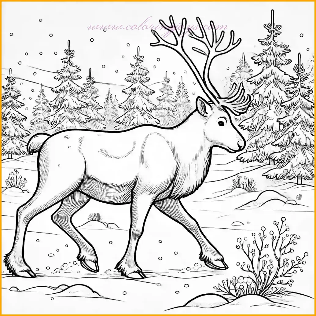 This detailed coloring page features a realistic reindeer walking slowly through a peaceful, snowy forest. The reindeer’s body is shown in full side profile, highlighting its large antlers and elegant form, with its head slightly lowered as if searching for food. The background includes a few scattered trees covered in snow and soft snowdrifts, creating a tranquil winter scene. The bold, clear outlines make it easy for children to color, while the open spaces allow for creative expression. This page provides a fun and educational way for kids to explore winter wildlife while practicing their coloring skills.