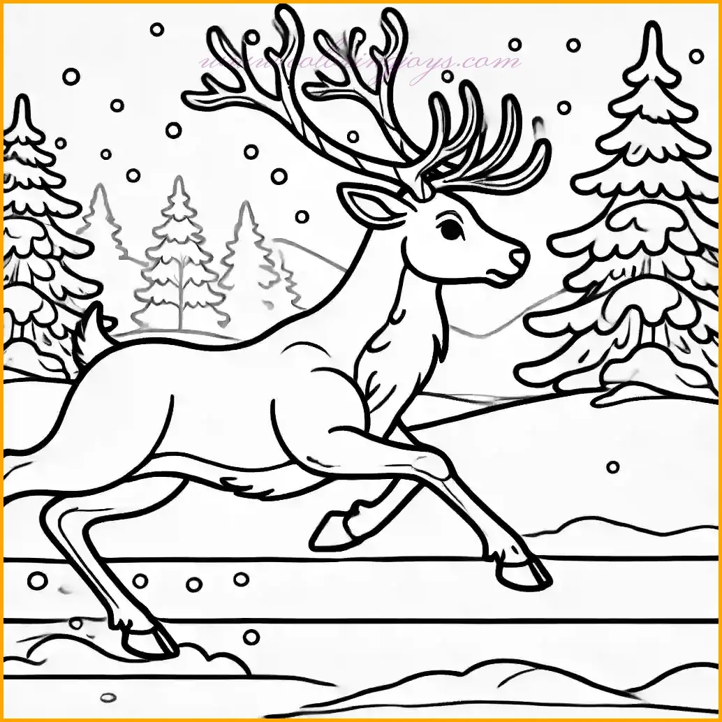 This coloring page captures a reindeer in motion, running gracefully through a snowy forest. Its large antlers and dynamic posture give a sense of energy and movement. The background features simple snow-covered trees and a snowy ground, creating a wintry setting. Bold outlines and ample blank spaces make it easy for kids to color, allowing them to bring the lively scene to life with their creativity and favorite colors.