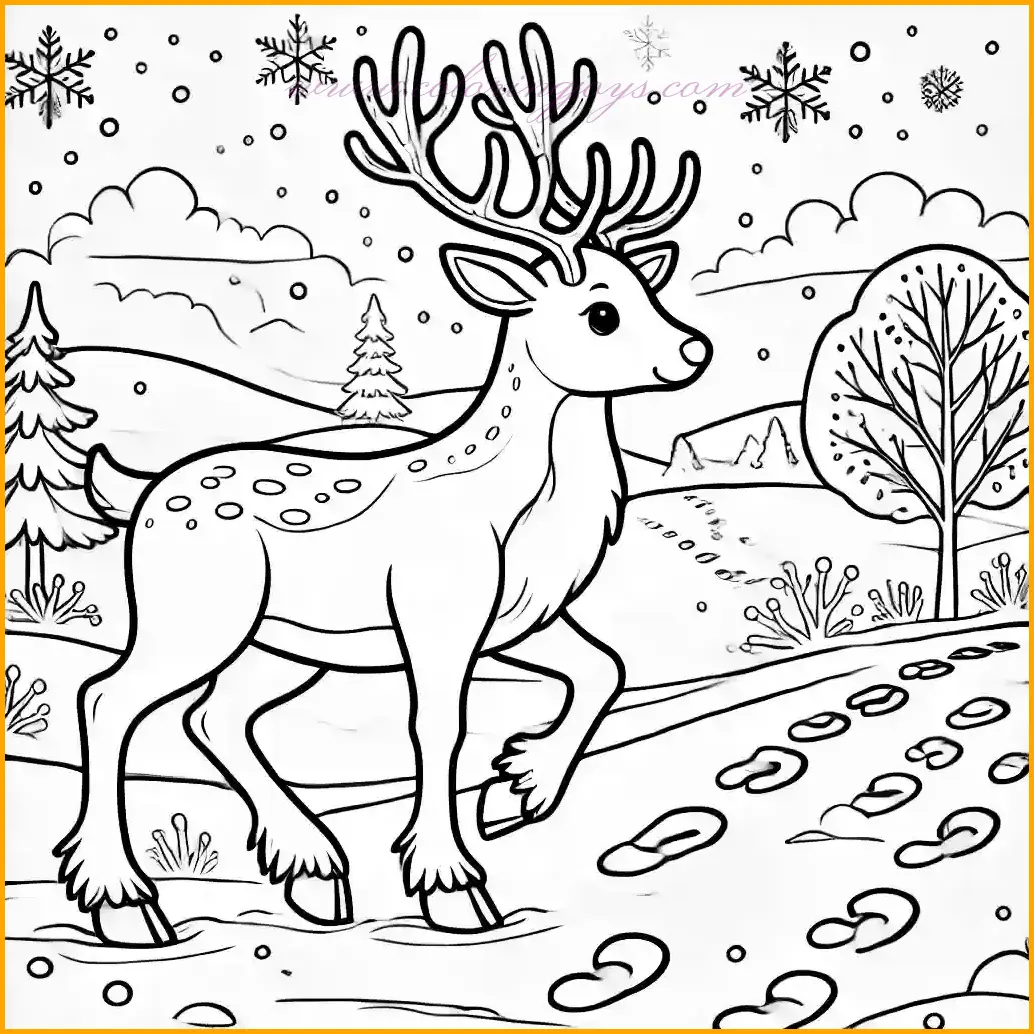 This coloring page shows a gentle reindeer walking across a snowy field, leaving a trail of hoofprints behind. The reindeer features large antlers and a calm expression, perfectly capturing the beauty of winter. The background is simple, with a single small tree in the distance and a few snowflakes gently falling. The bold outlines and spacious blank areas make it easy for children to color, allowing them to bring this serene scene to life with their imagination and favorite colors.