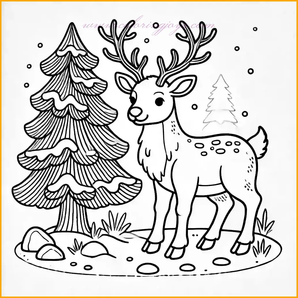 This coloring page showcases a reindeer standing calmly beside a small snow-covered pine tree. The reindeer’s antlers are tilted slightly, adding a touch of charm to its pose. The snowy ground is simple, with a few scattered rocks, and the background features a clear, open sky. Bold outlines and spacious blank areas make this illustration perfect for kids to color, inviting them to add their own creative touches to this serene winter scene.